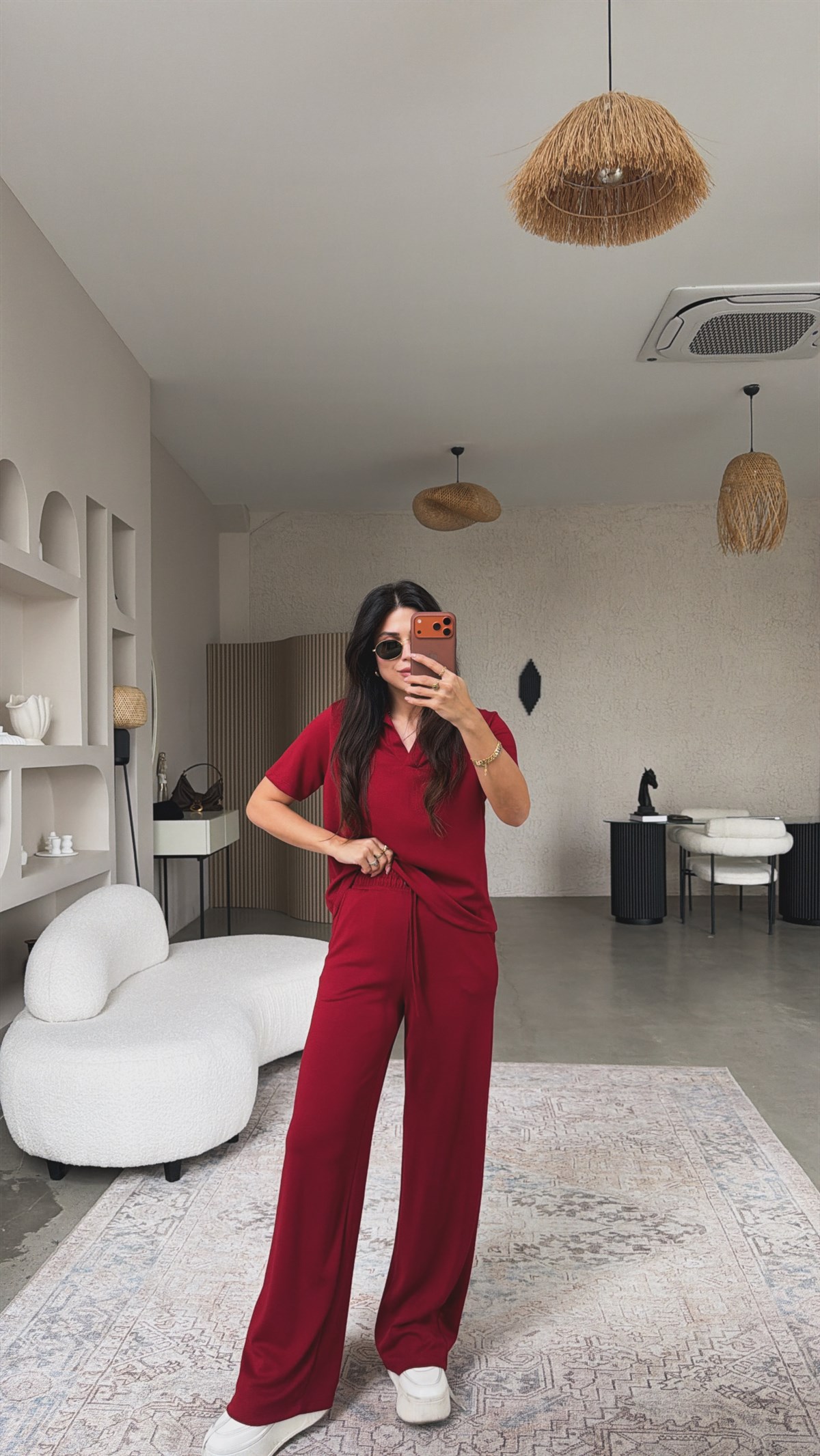 Bordo Basic Modal Kumaş Yakalı Bol Paça Takım