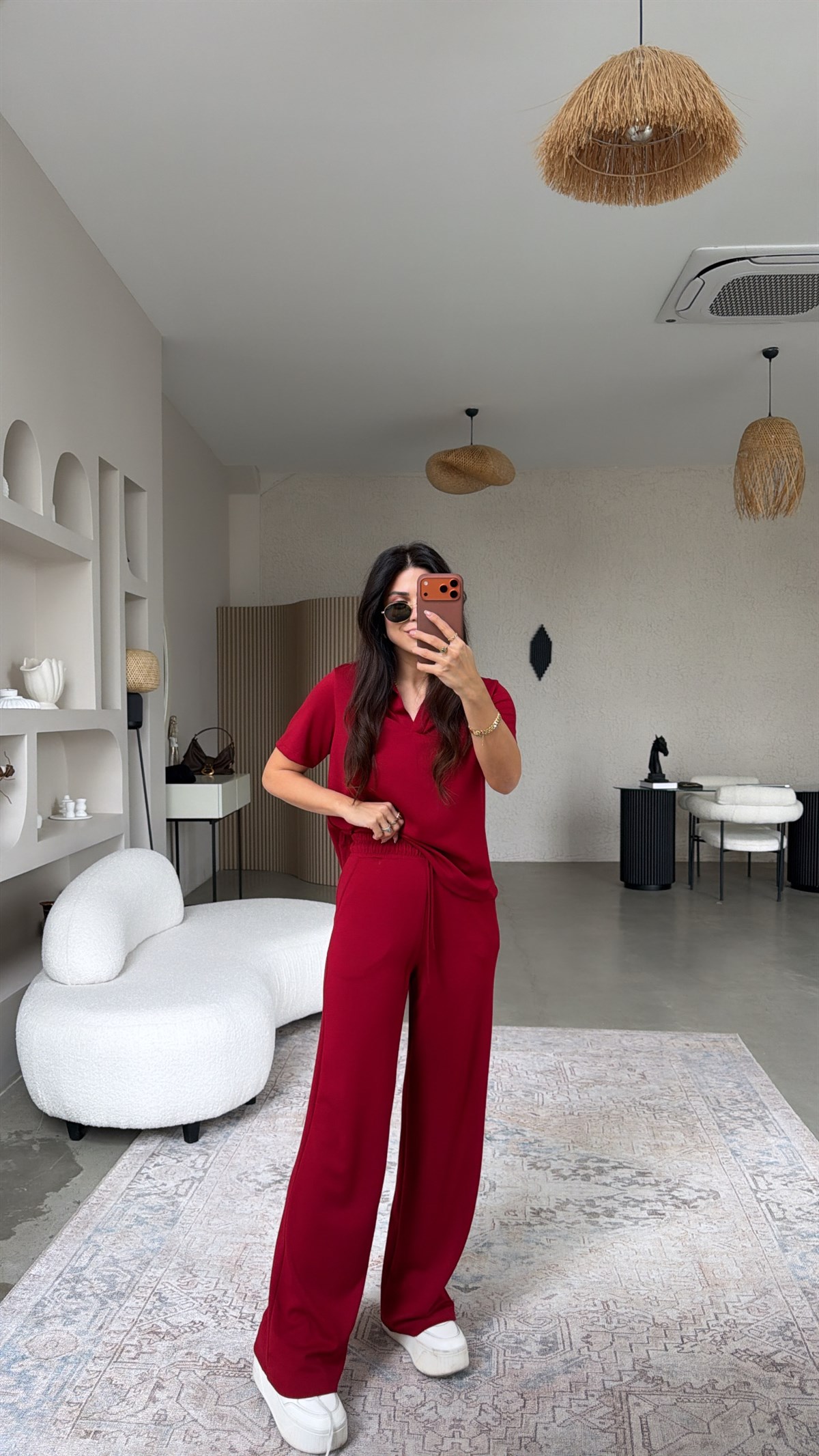 Bordo Basic Modal Kumaş Yakalı Bol Paça Takım