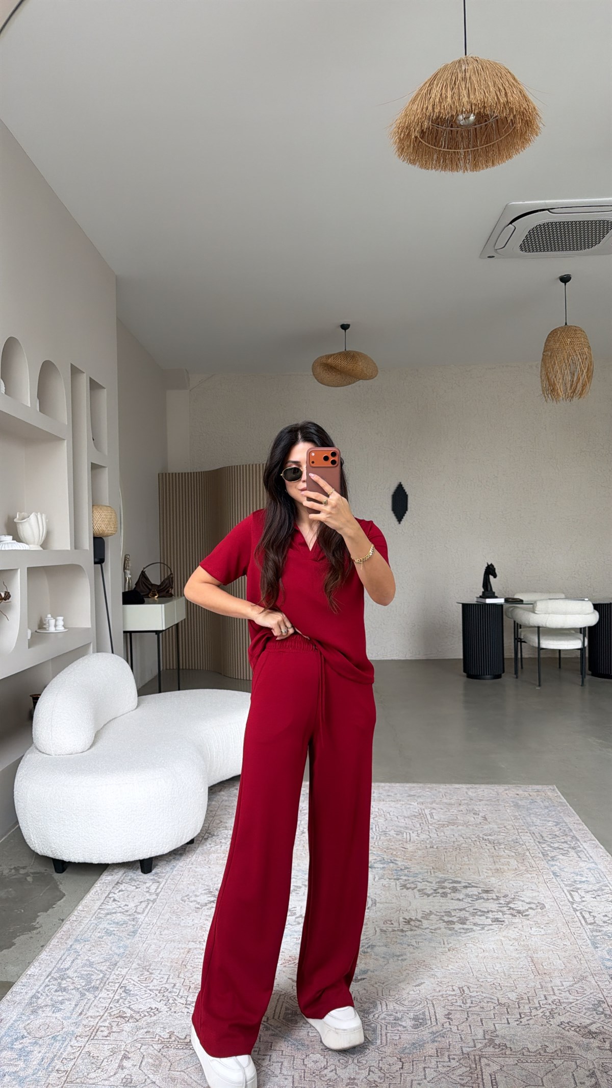 Bordo Basic Modal Kumaş Yakalı Bol Paça Takım