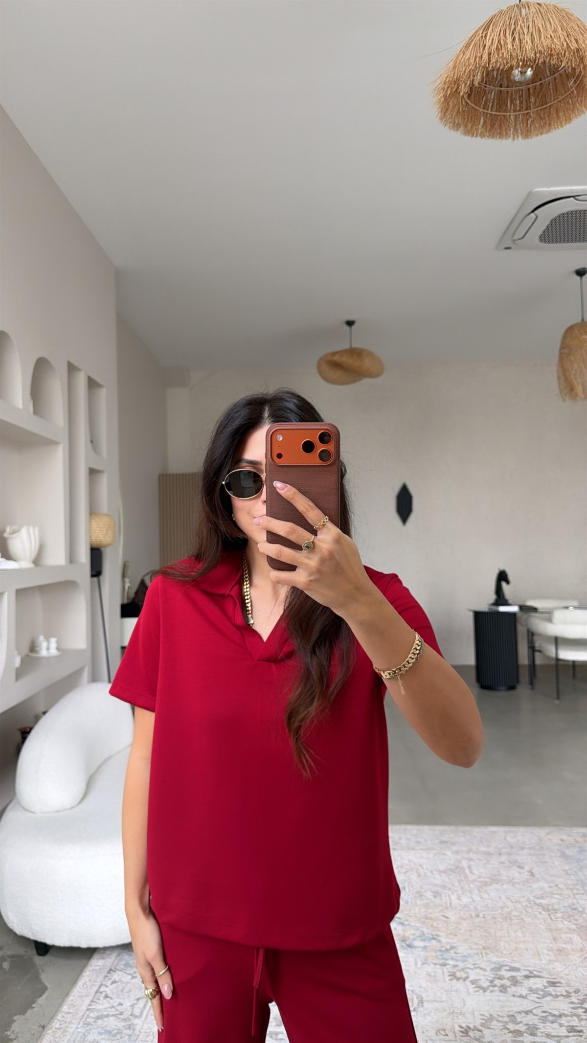 Bordo Basic Modal Kumaş Yakalı Bol Paça Takım