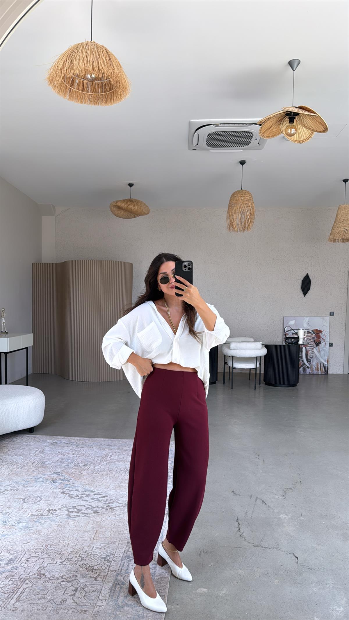 Bordo Beli Lastikli Balon Kumaş Pantolon