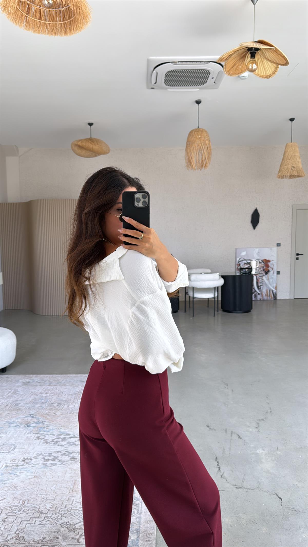 Bordo Beli Lastikli Balon Kumaş Pantolon