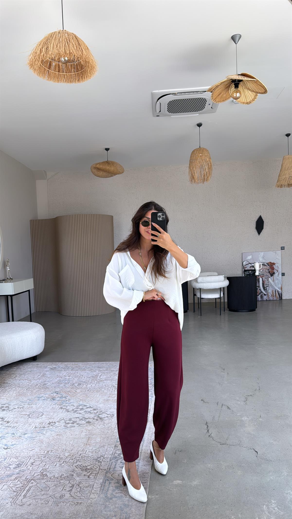 Bordo Beli Lastikli Balon Kumaş Pantolon