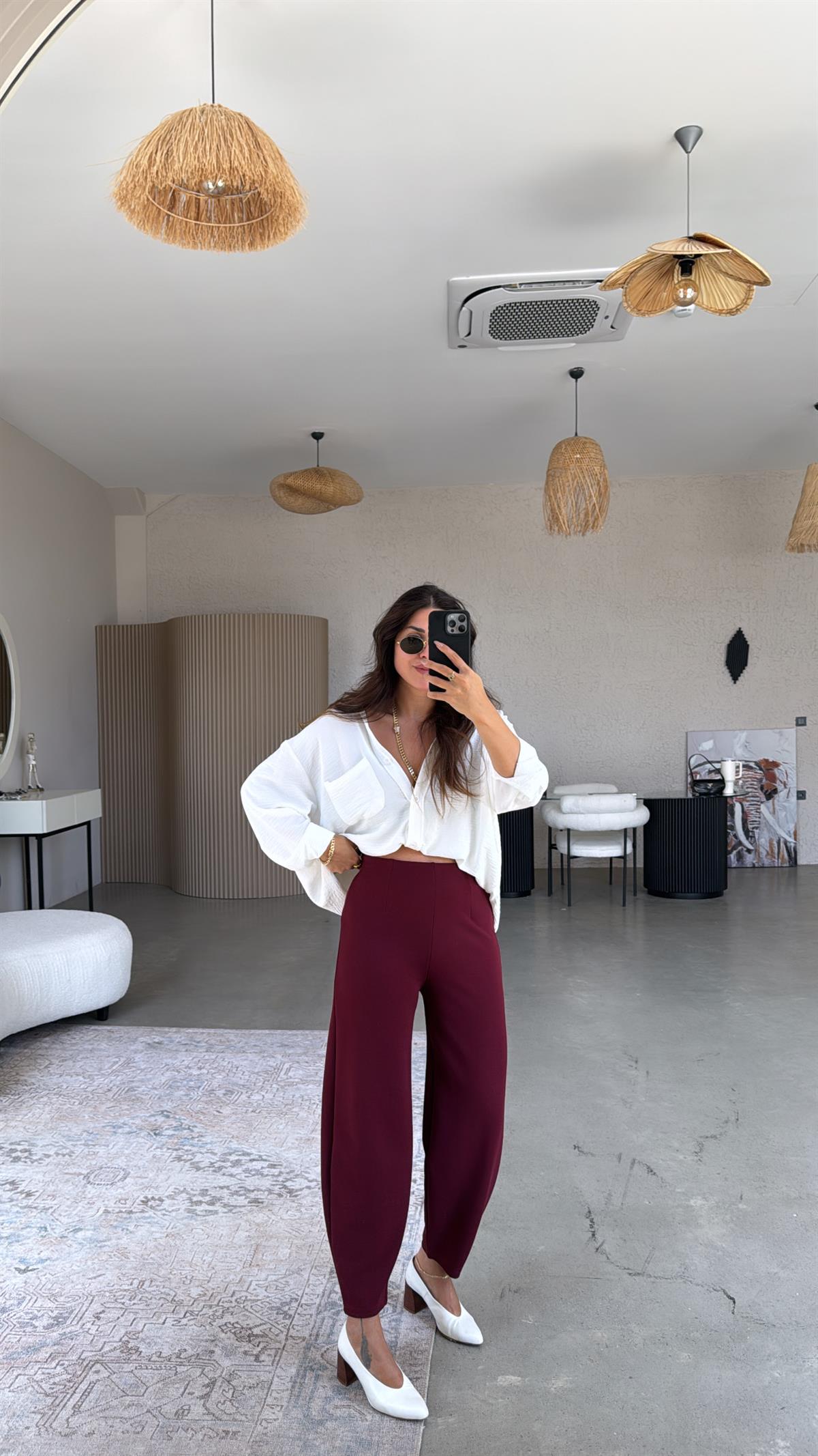 Bordo Beli Lastikli Balon Kumaş Pantolon