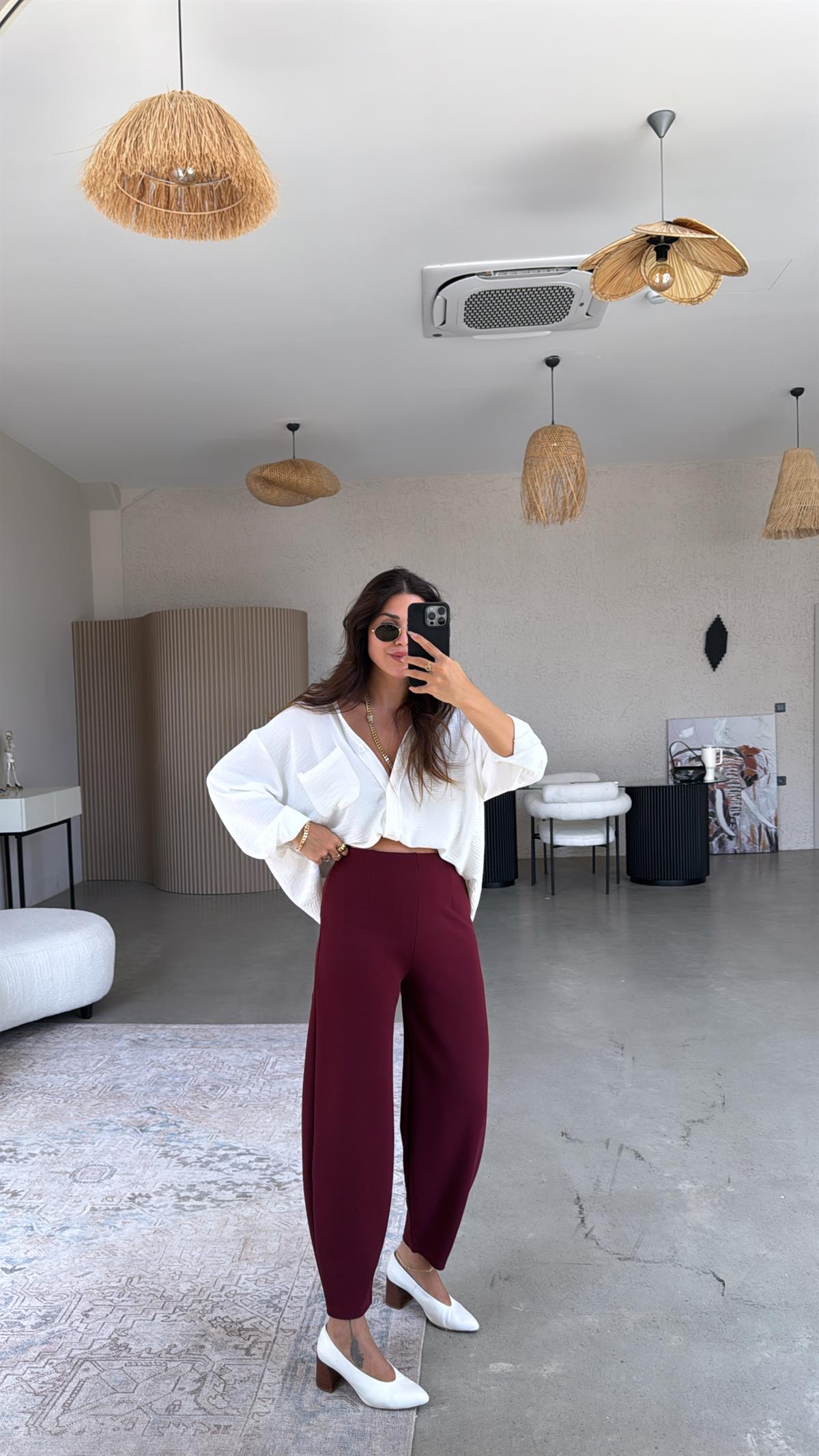 Bordo Beli Lastikli Balon Kumaş Pantolon