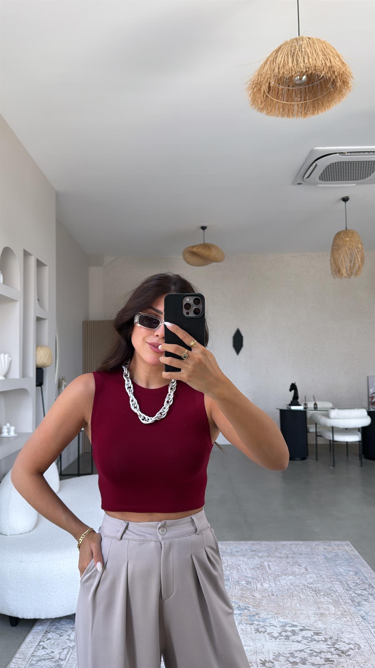 Bordo Bisiklet Yaka Oys Crop