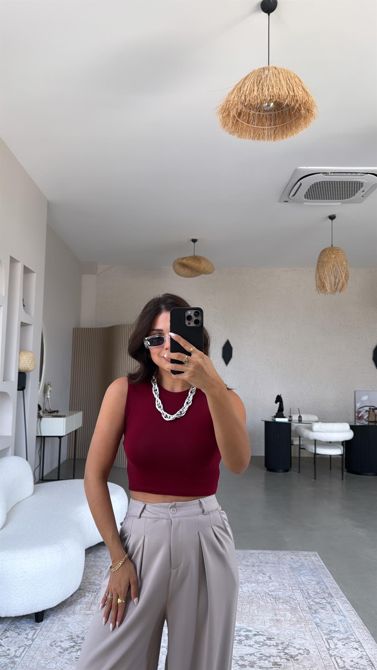 Bordo Bisiklet Yaka Oys Crop