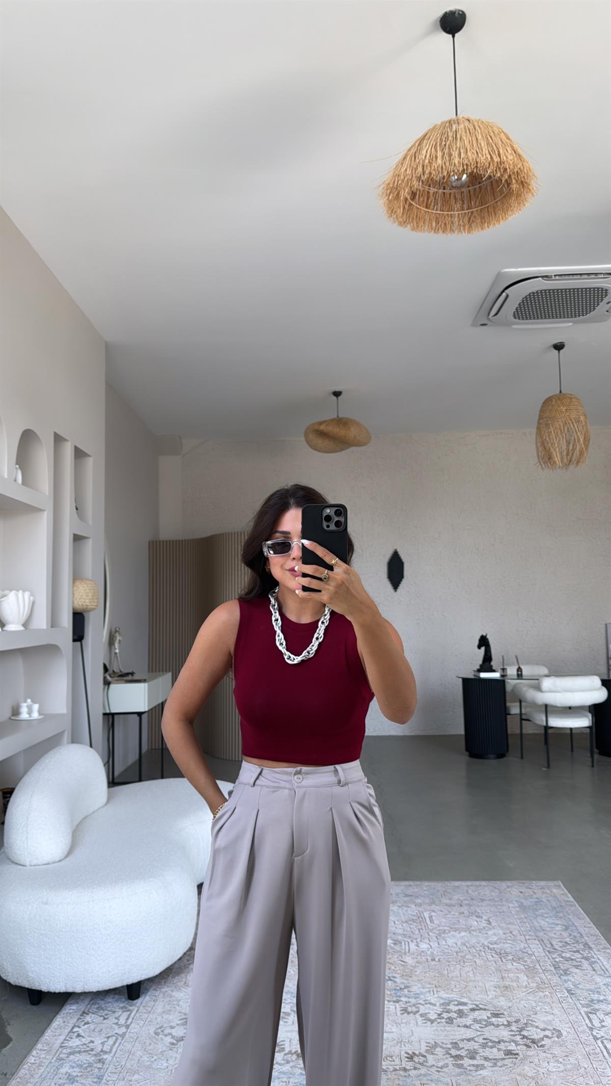 Bordo Bisiklet Yaka Oys Crop