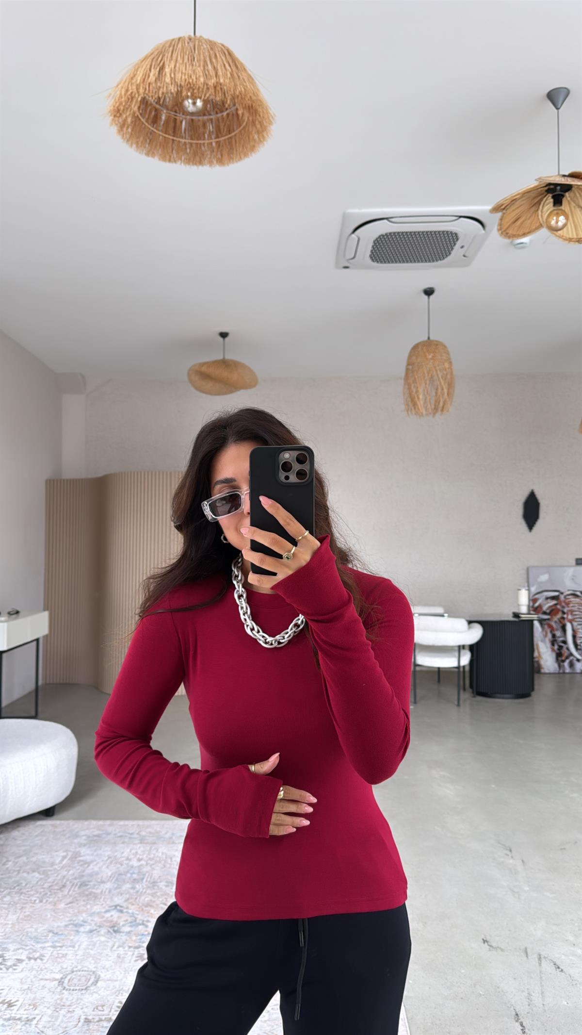 Bordo Bisiklet Yaka Parmak Geçme Bluz