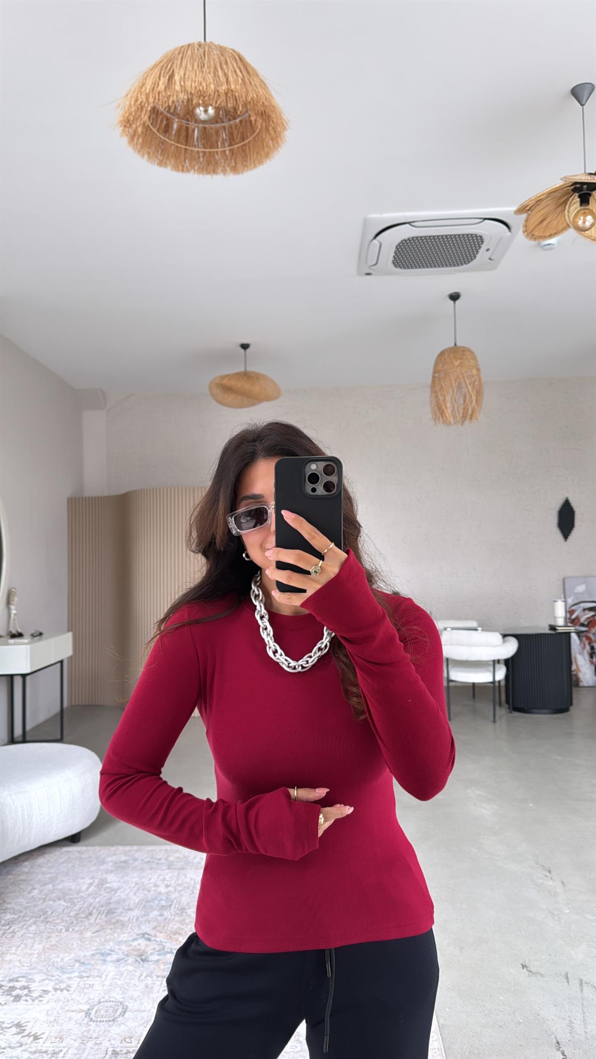 Bordo Bisiklet Yaka Parmak Geçme Bluz