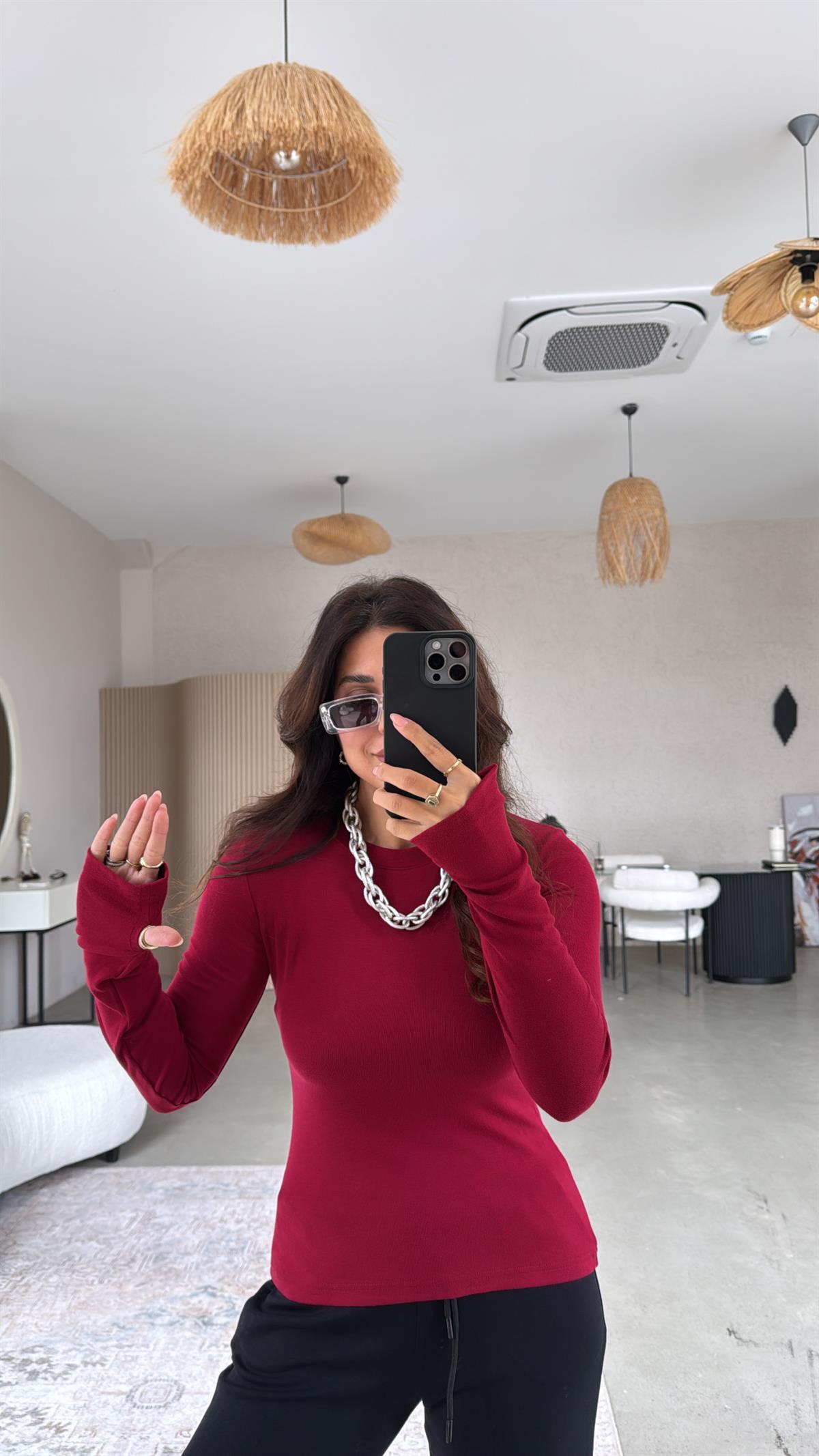 Bordo Bisiklet Yaka Parmak Geçme Bluz