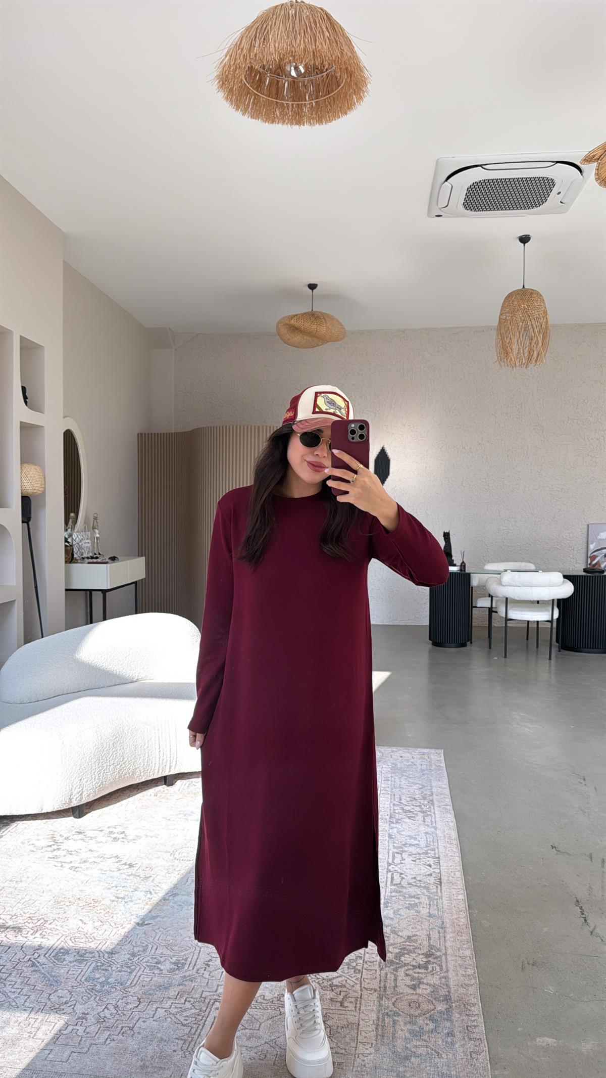 Bordo Bisiklet Yaka Uzun Kollu Basic Elbise