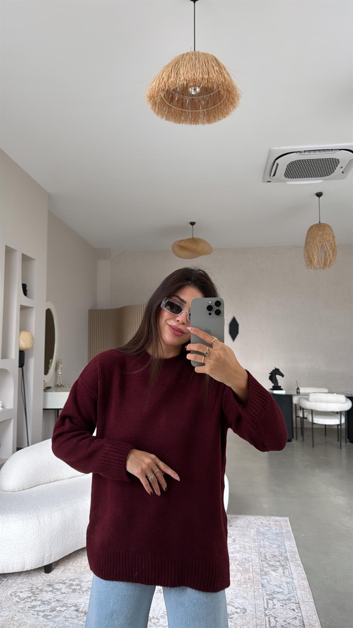 Bordo Bisiklet Yaka Yumoş Kazak