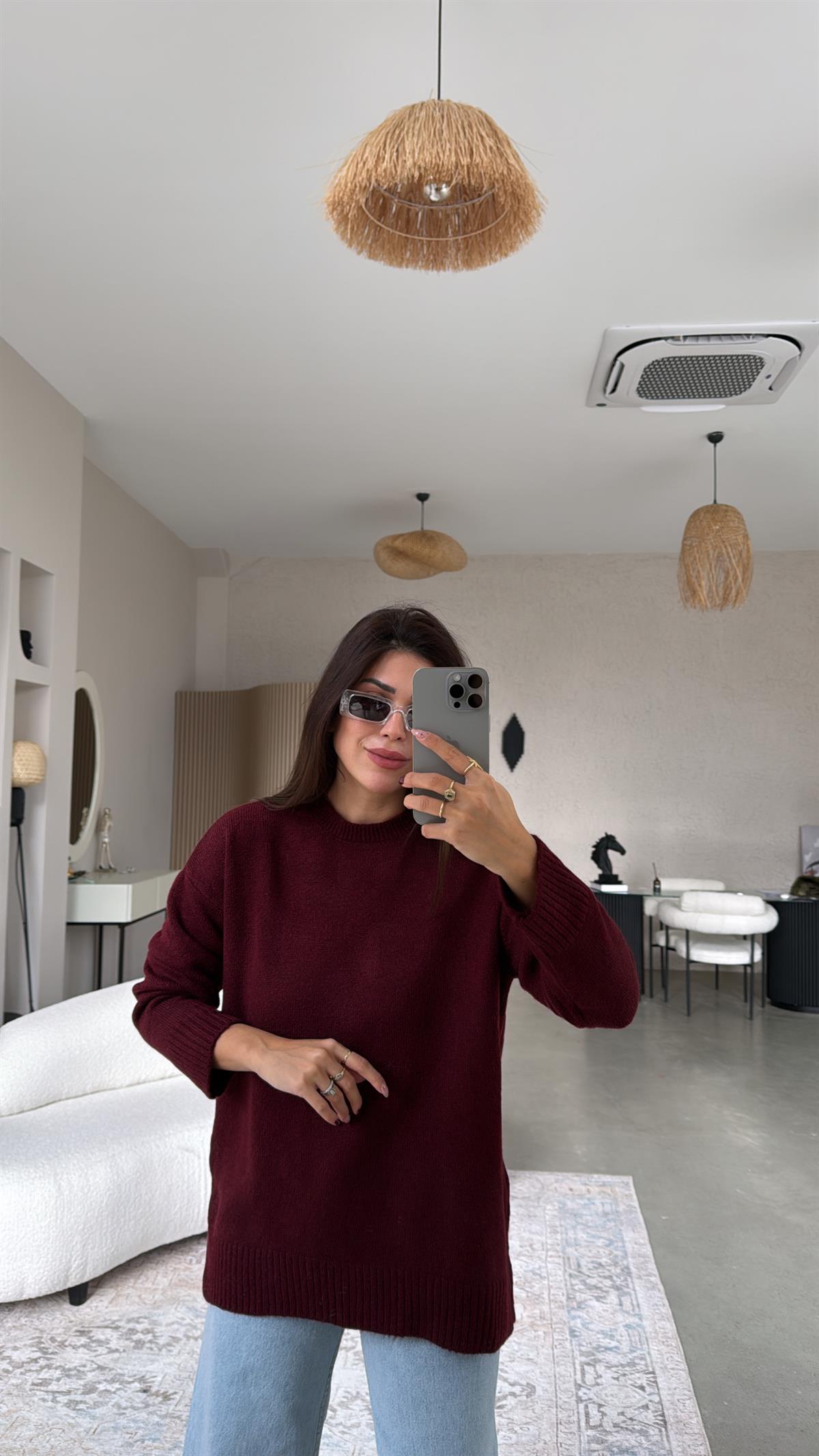 Bordo Bisiklet Yaka Yumoş Kazak