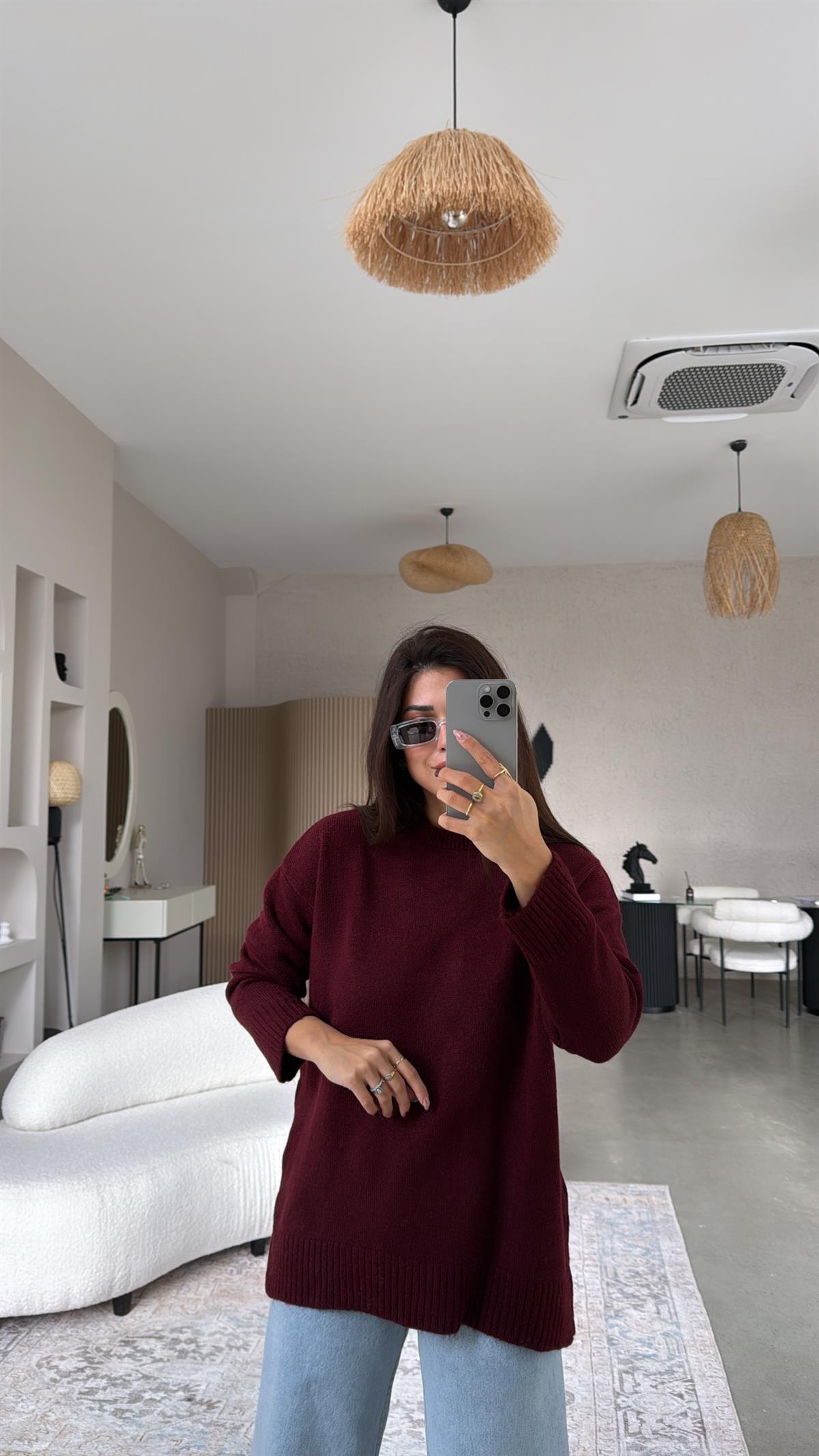 Bordo Bisiklet Yaka Yumoş Kazak