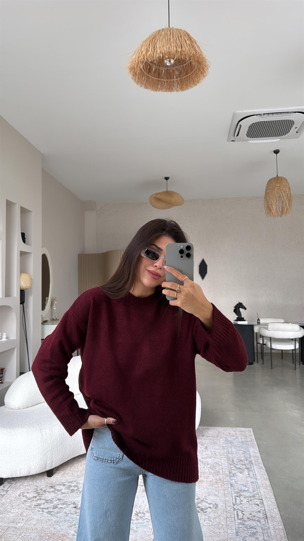 Bordo Bisiklet Yaka Yumoş Kazak