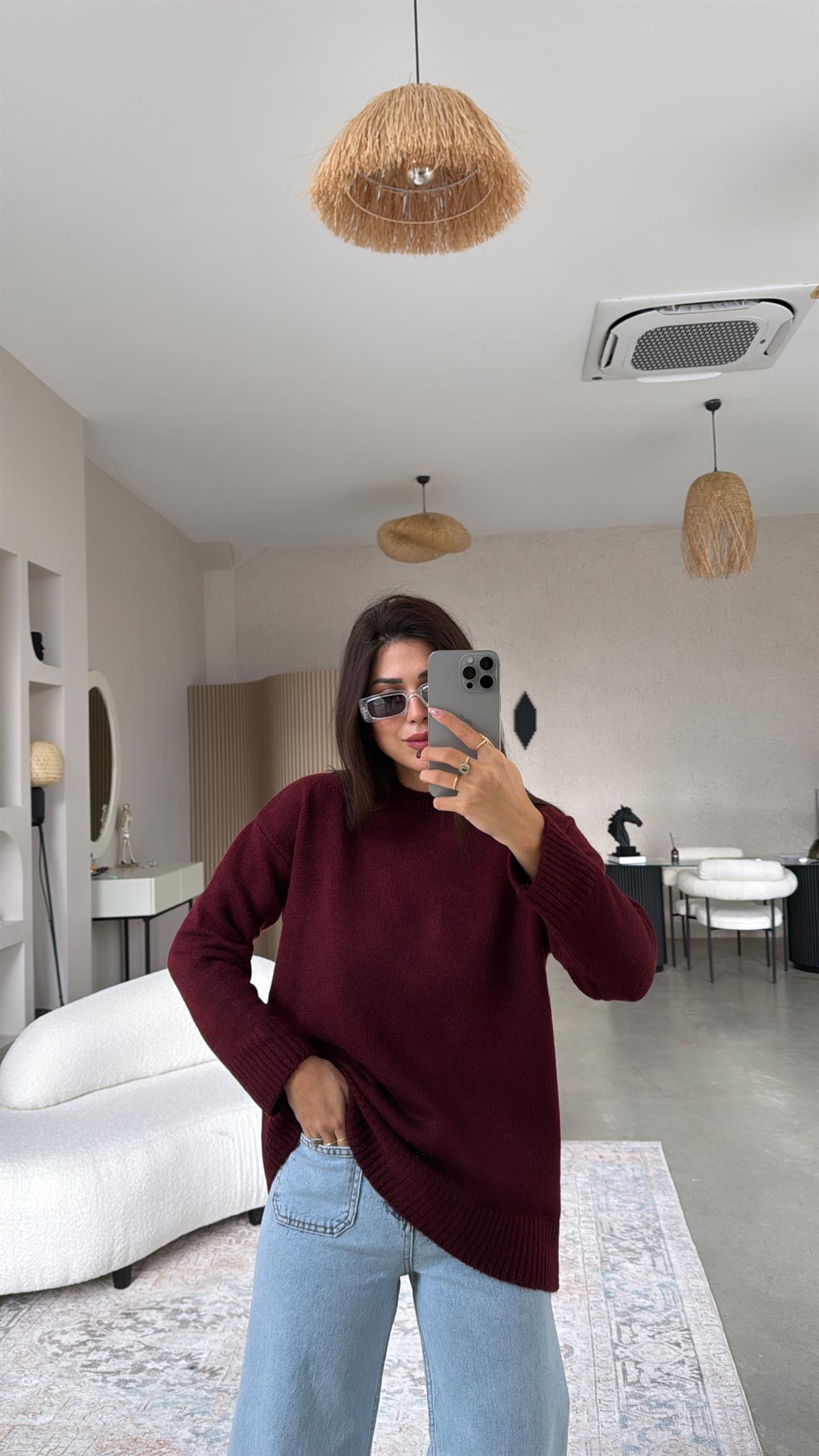 Bordo Bisiklet Yaka Yumoş Kazak