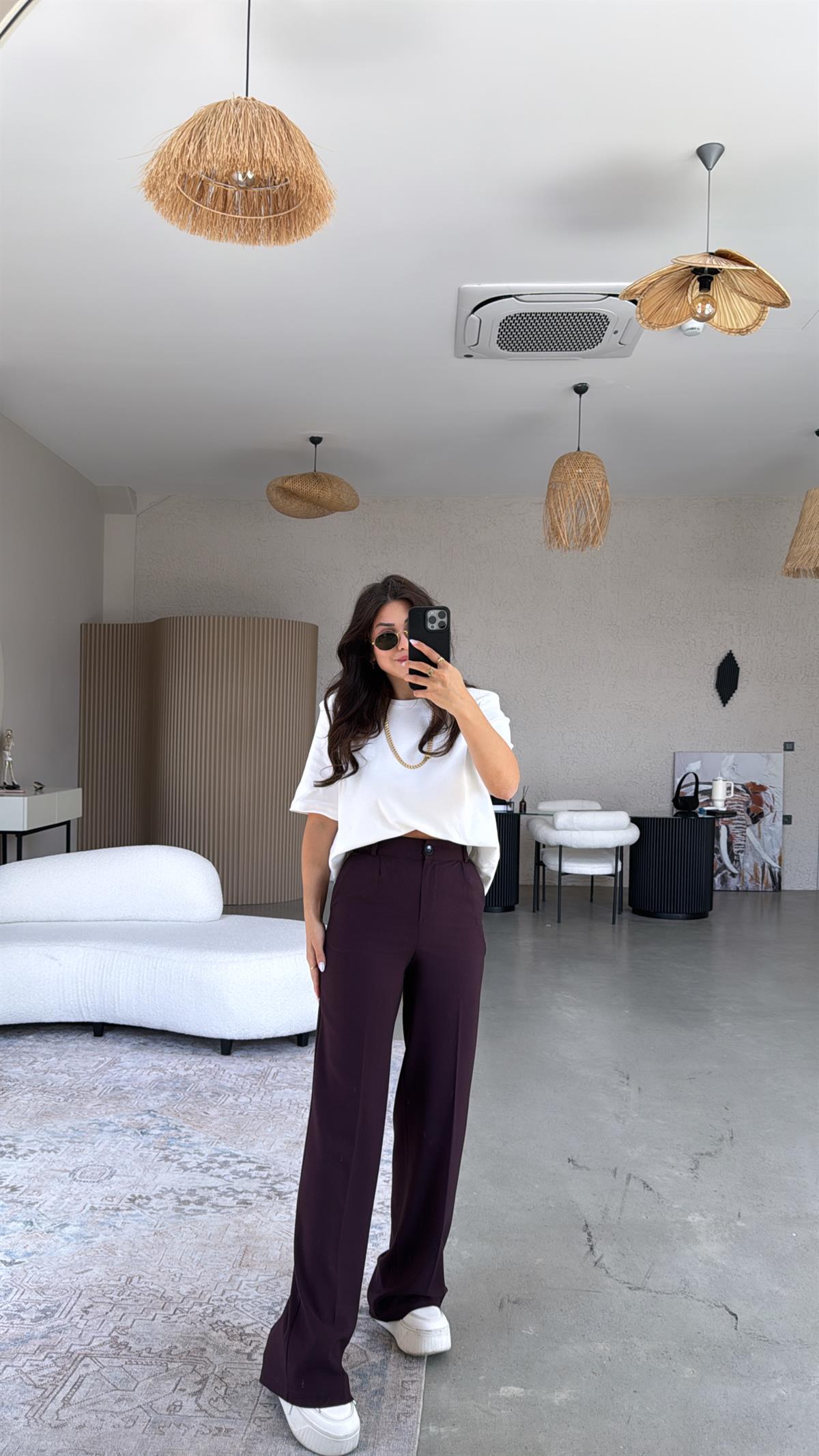 Bordo Bol Paça Çift Pileli Pantolon