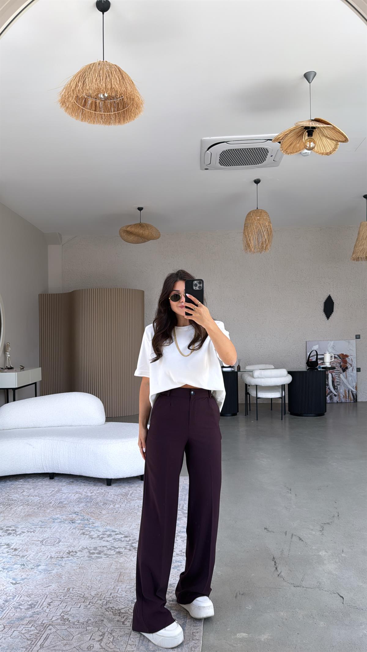 Bordo Bol Paça Çift Pileli Pantolon