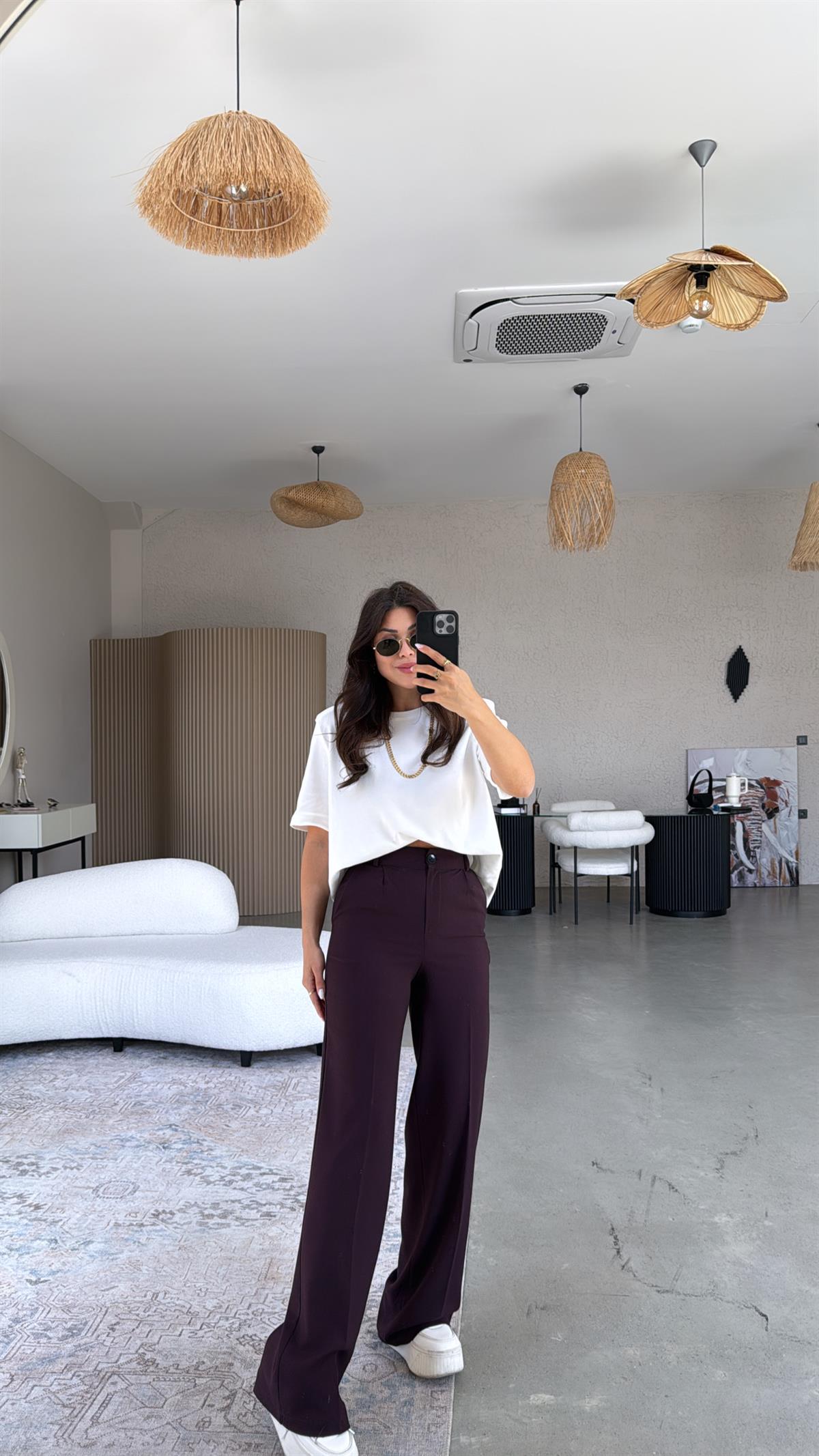 Bordo Bol Paça Çift Pileli Pantolon