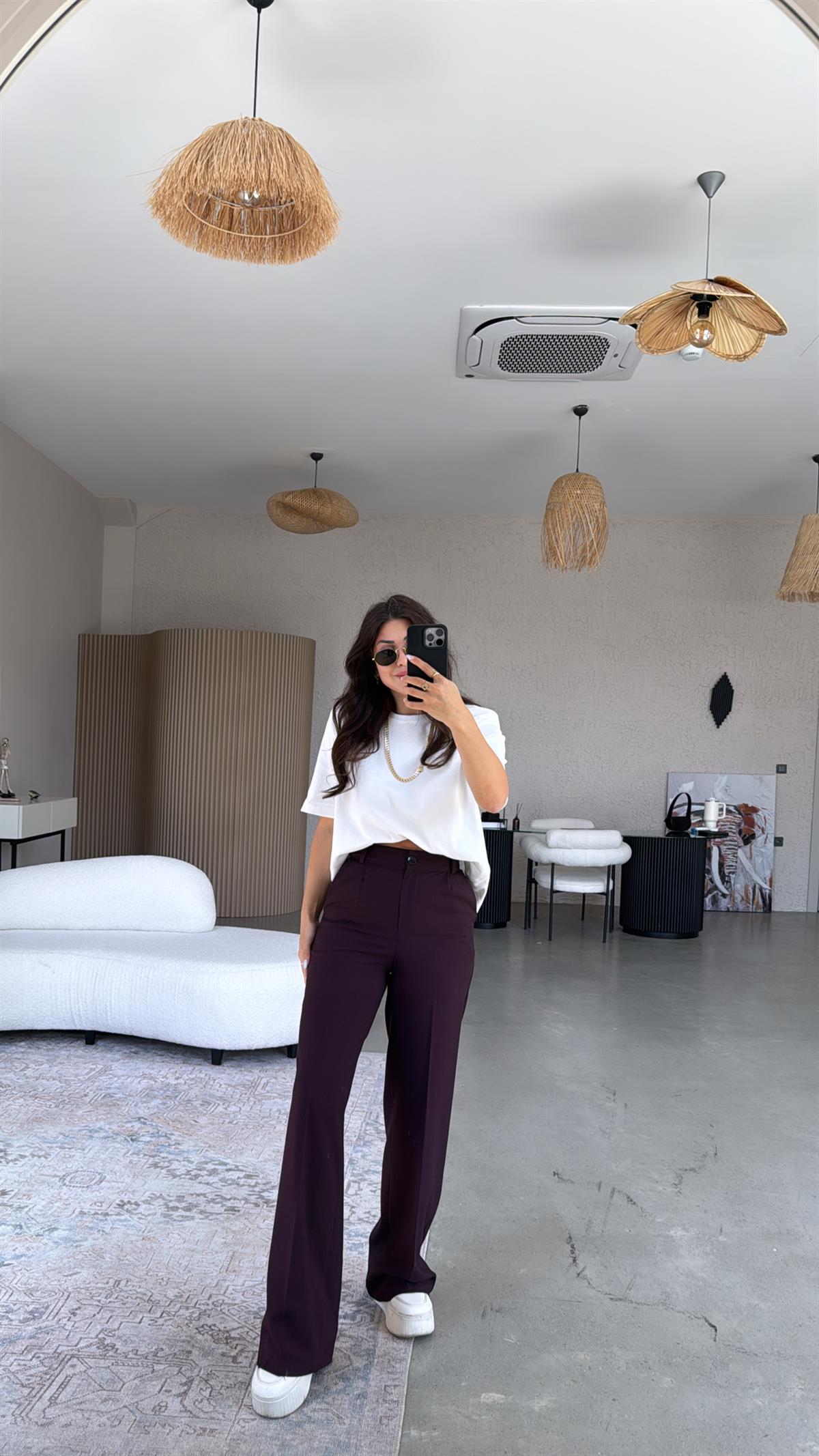 Bordo Bol Paça Çift Pileli Pantolon