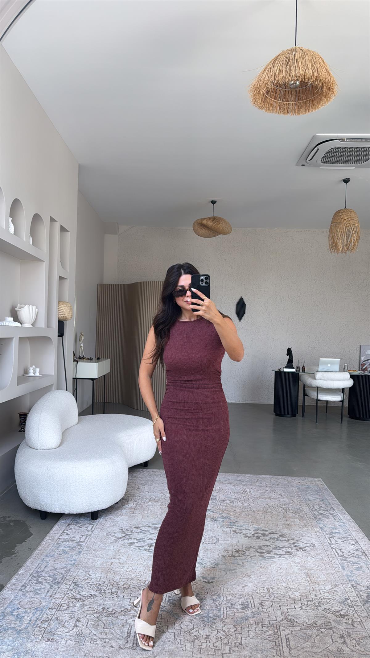 Bordo Bürümcük ZR Model Büzgü Detay Elbise