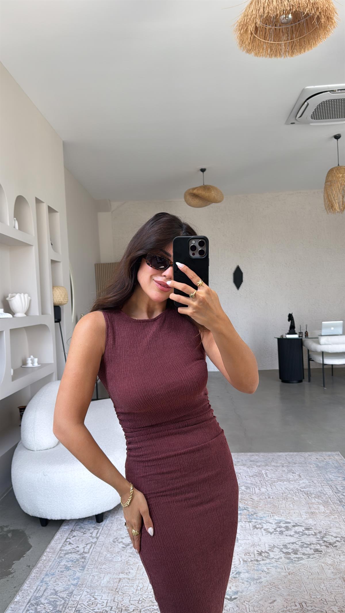 Bordo Bürümcük ZR Model Büzgü Detay Elbise