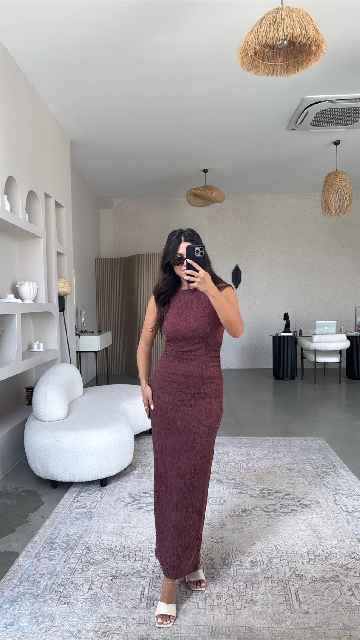 Bordo Bürümcük ZR Model Büzgü Detay Elbise