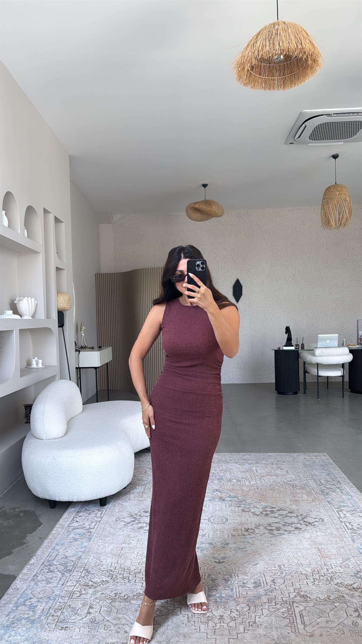 Bordo Bürümcük ZR Model Büzgü Detay Elbise