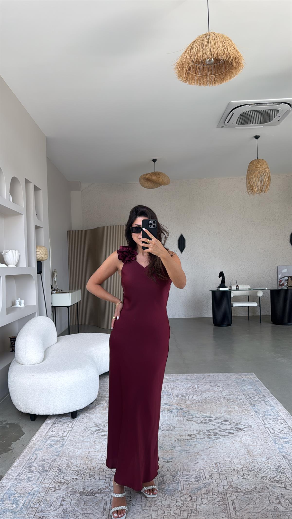 Bordo Çiçek Broşlu Premium Elbise