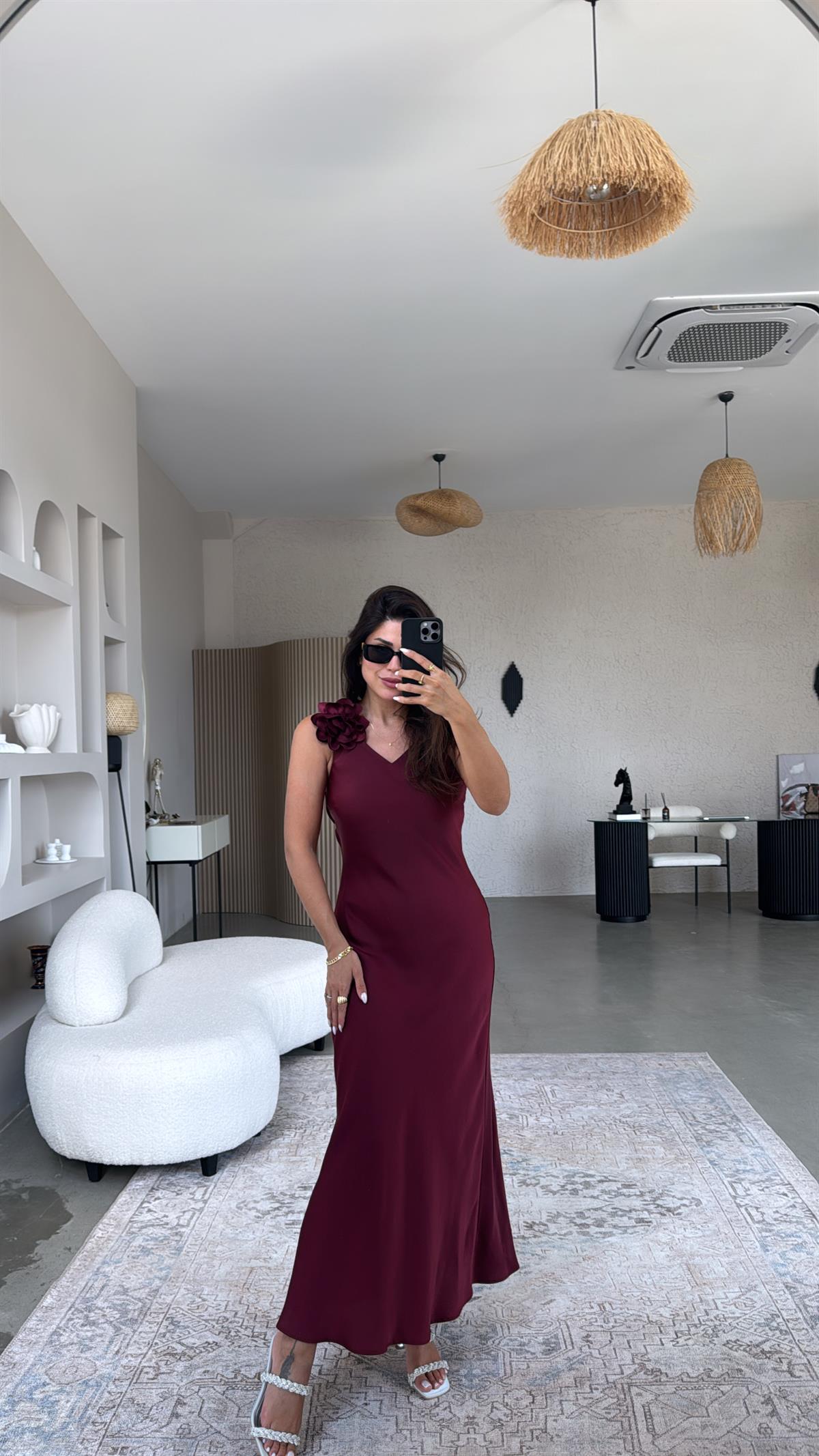 Bordo Çiçek Broşlu Premium Elbise