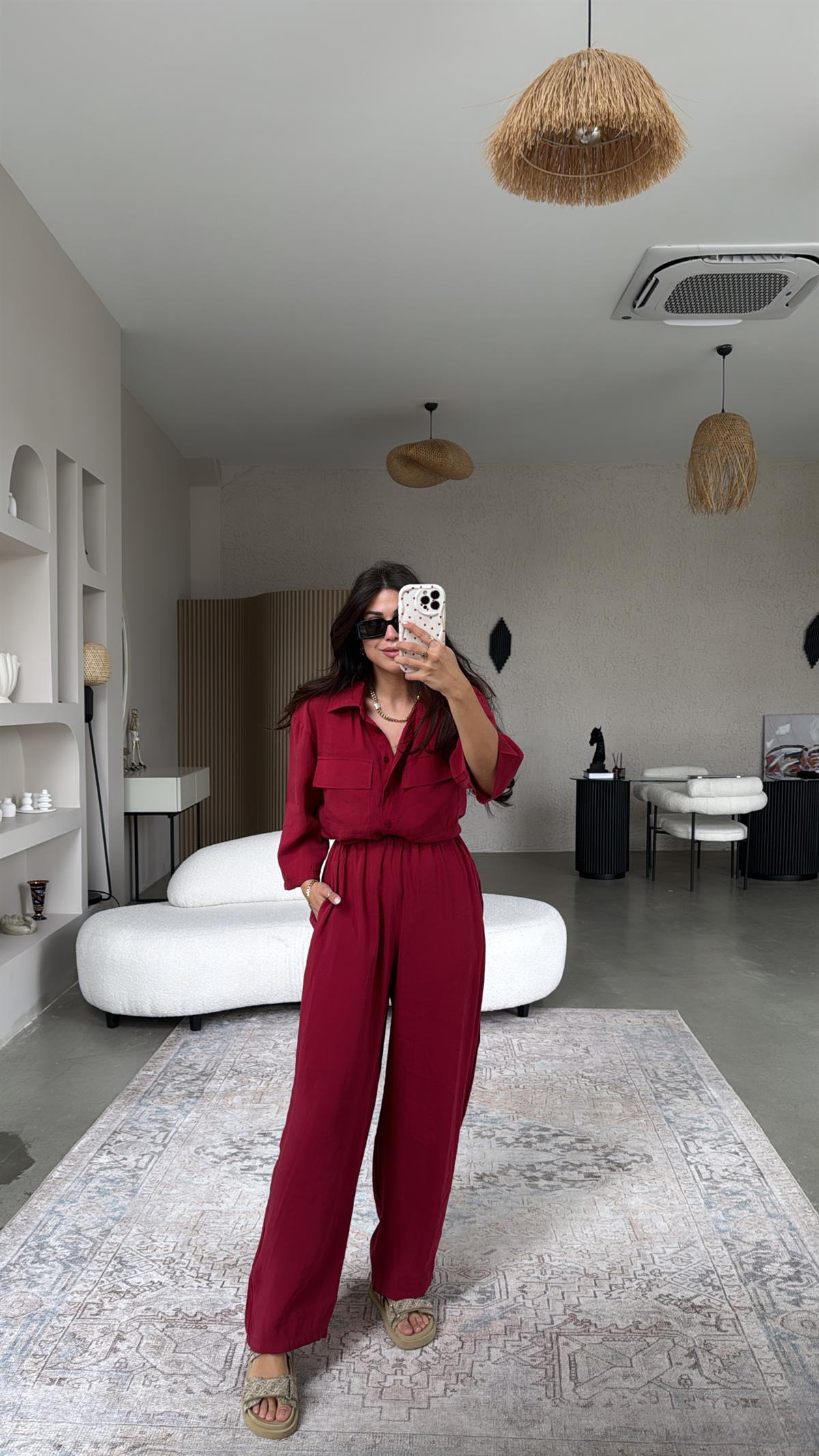 Bordo Çift Cepli Gömlek Pantolon Takım