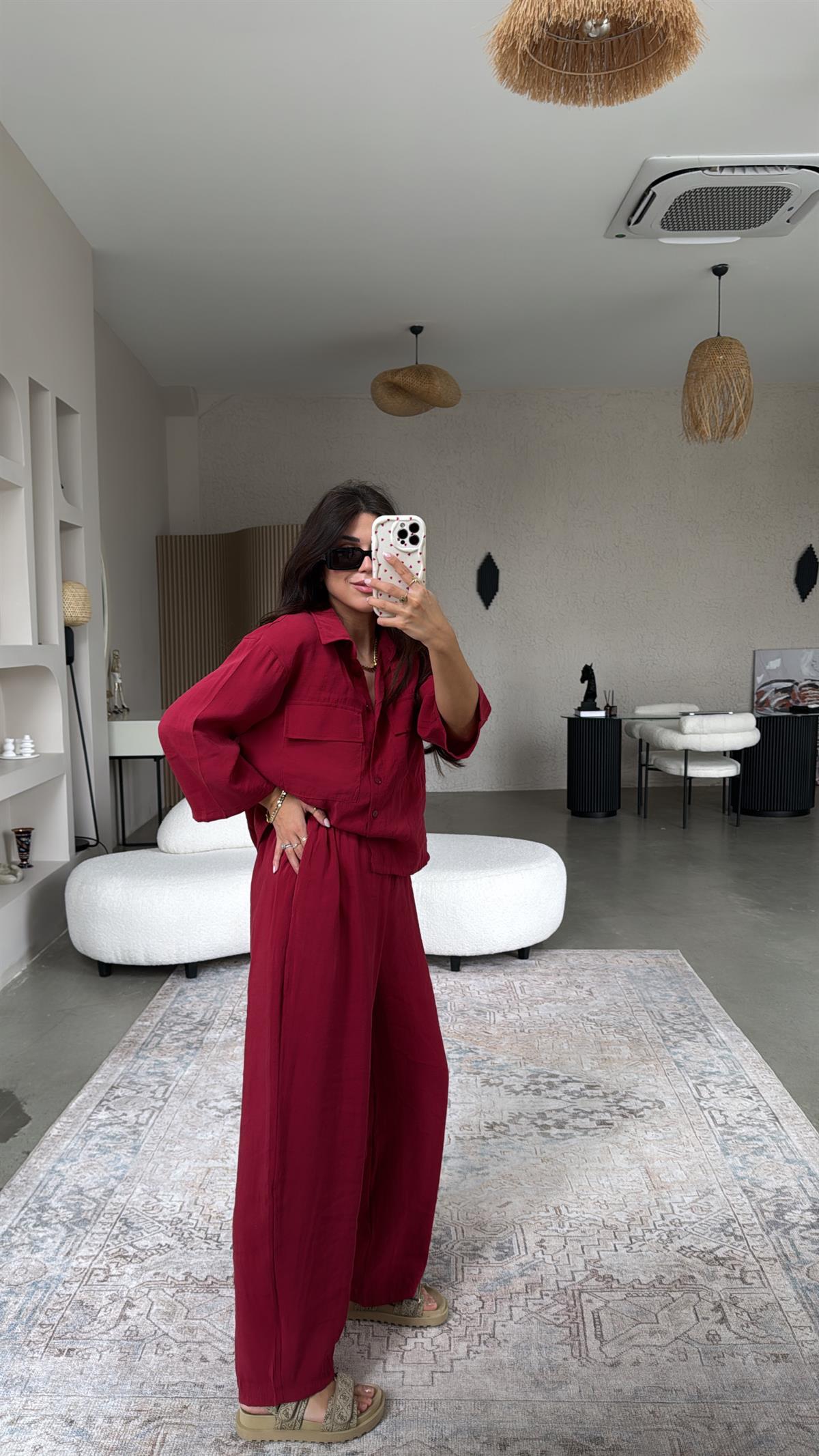 Bordo Çift Cepli Gömlek Pantolon Takım