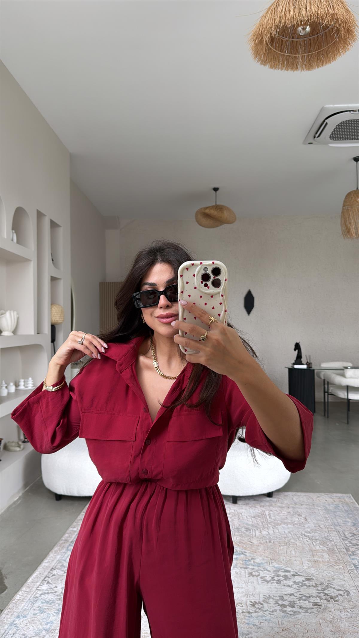 Bordo Çift Cepli Gömlek Pantolon Takım