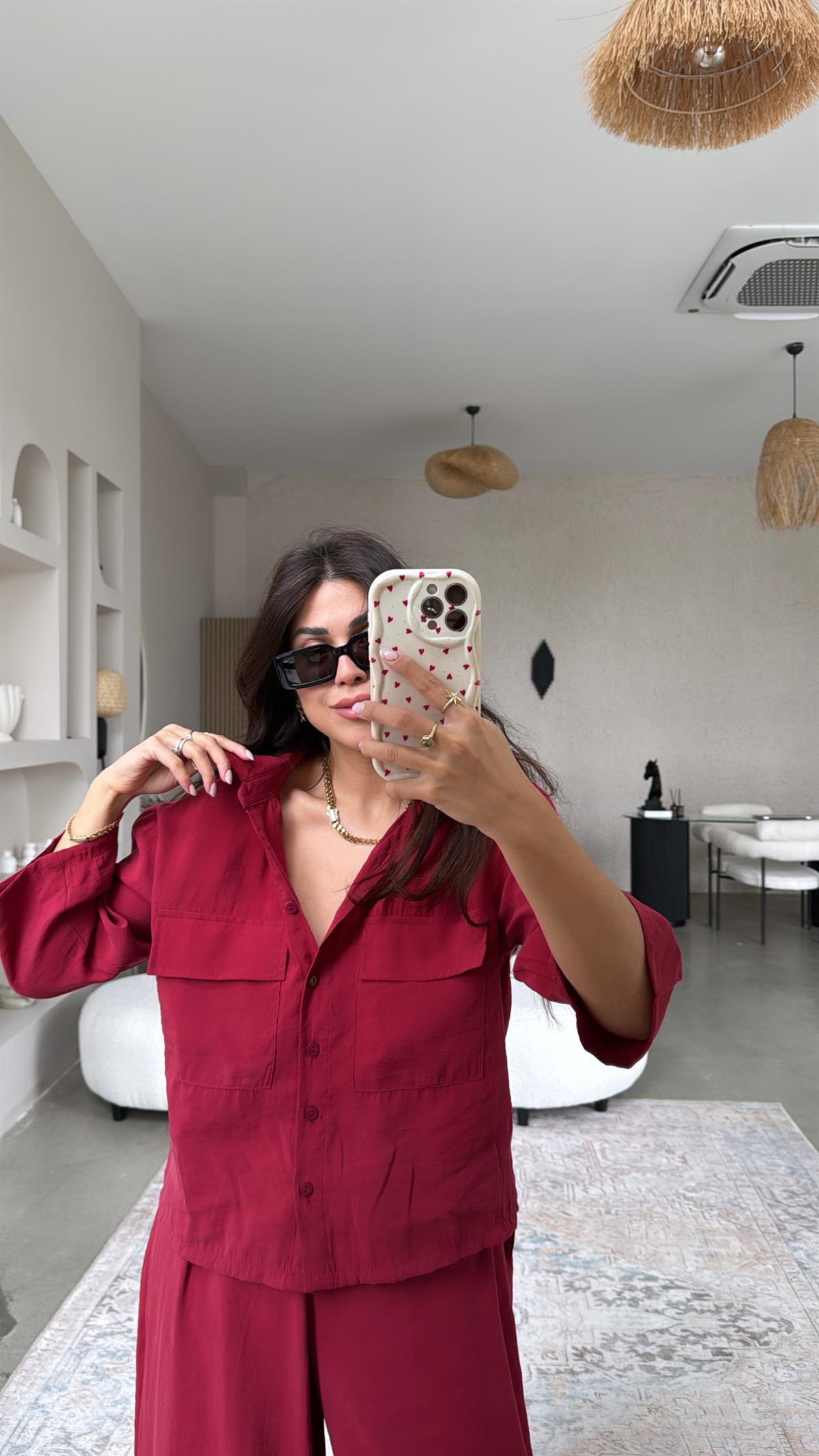 Bordo Çift Cepli Gömlek Pantolon Takım