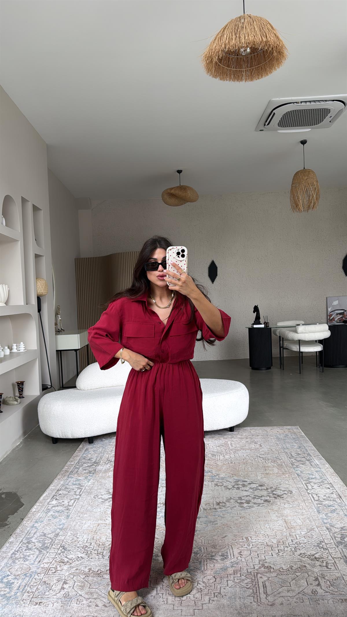 Bordo Çift Cepli Gömlek Pantolon Takım