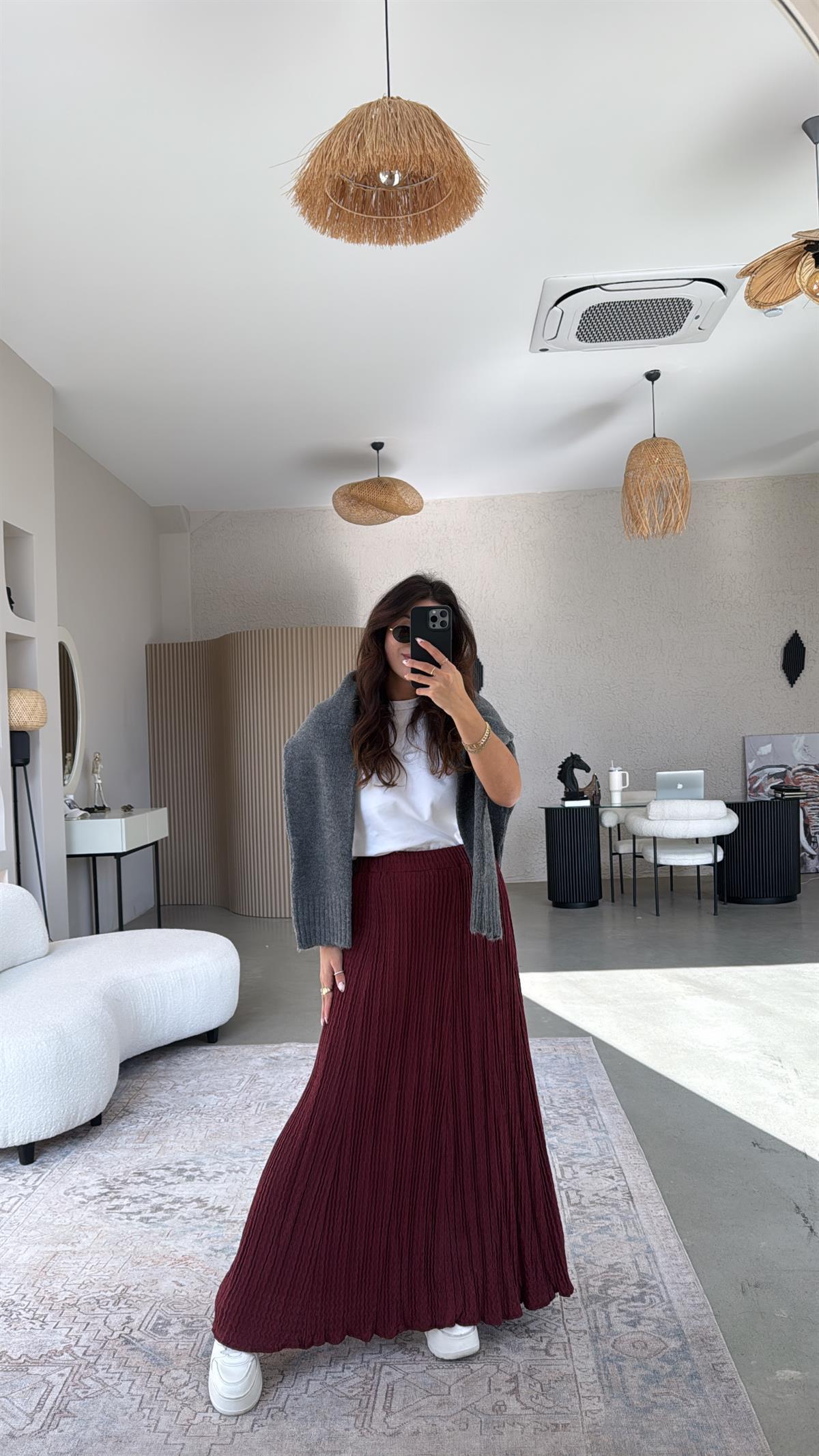 Bordo Çift Kat Bürümcük Kumaş Maxi Etek
