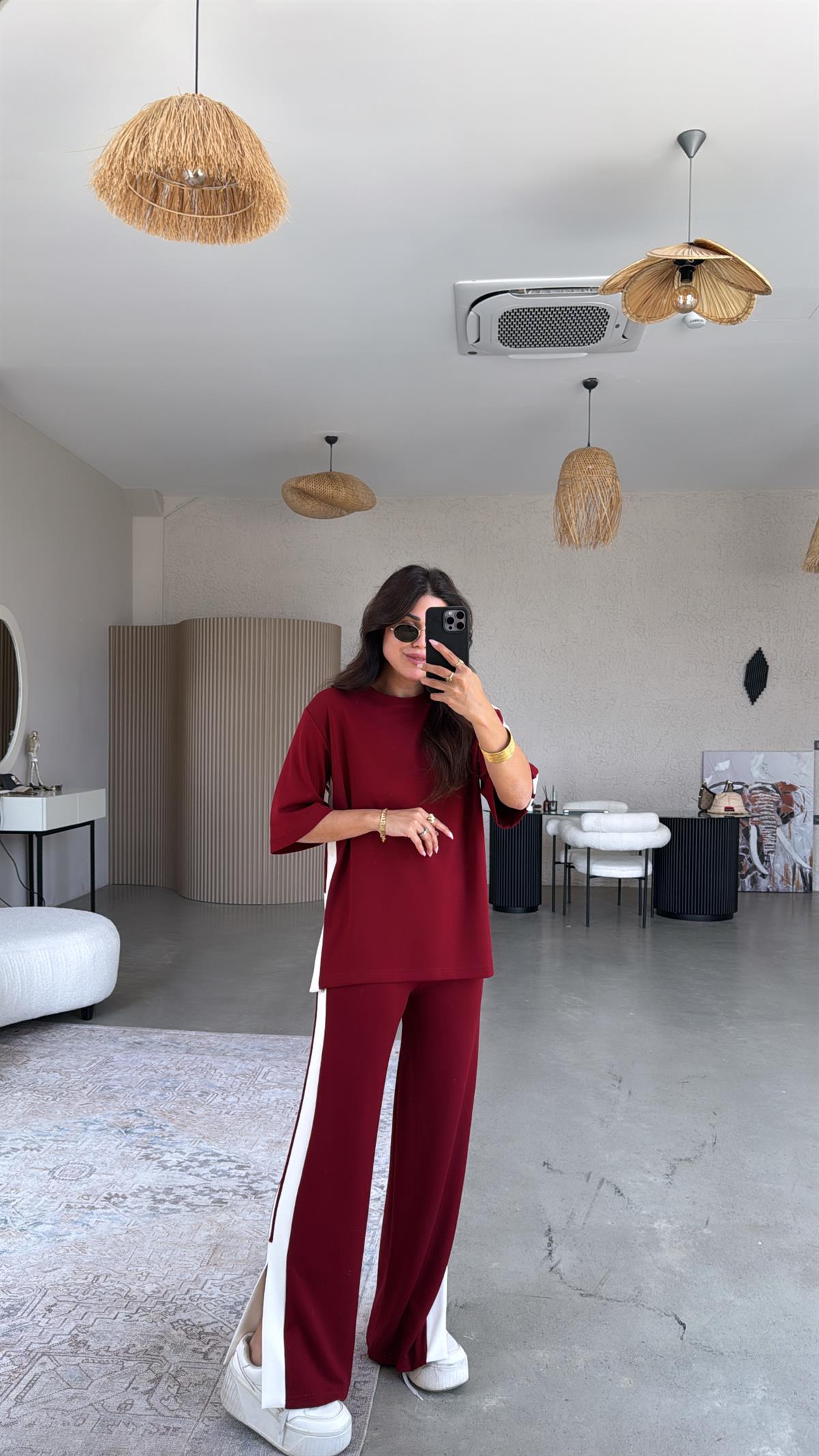 Bordo Çift Şeritli Yırtmaçlı Modal Takım