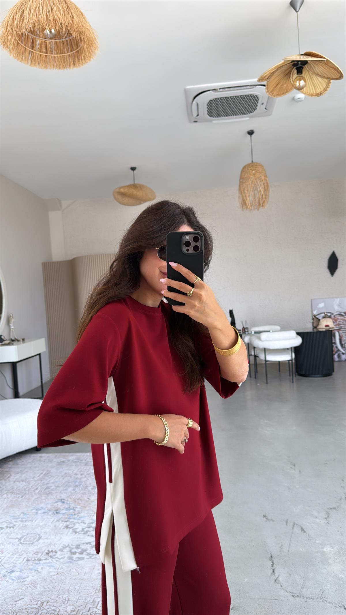 Bordo Çift Şeritli Yırtmaçlı Modal Takım