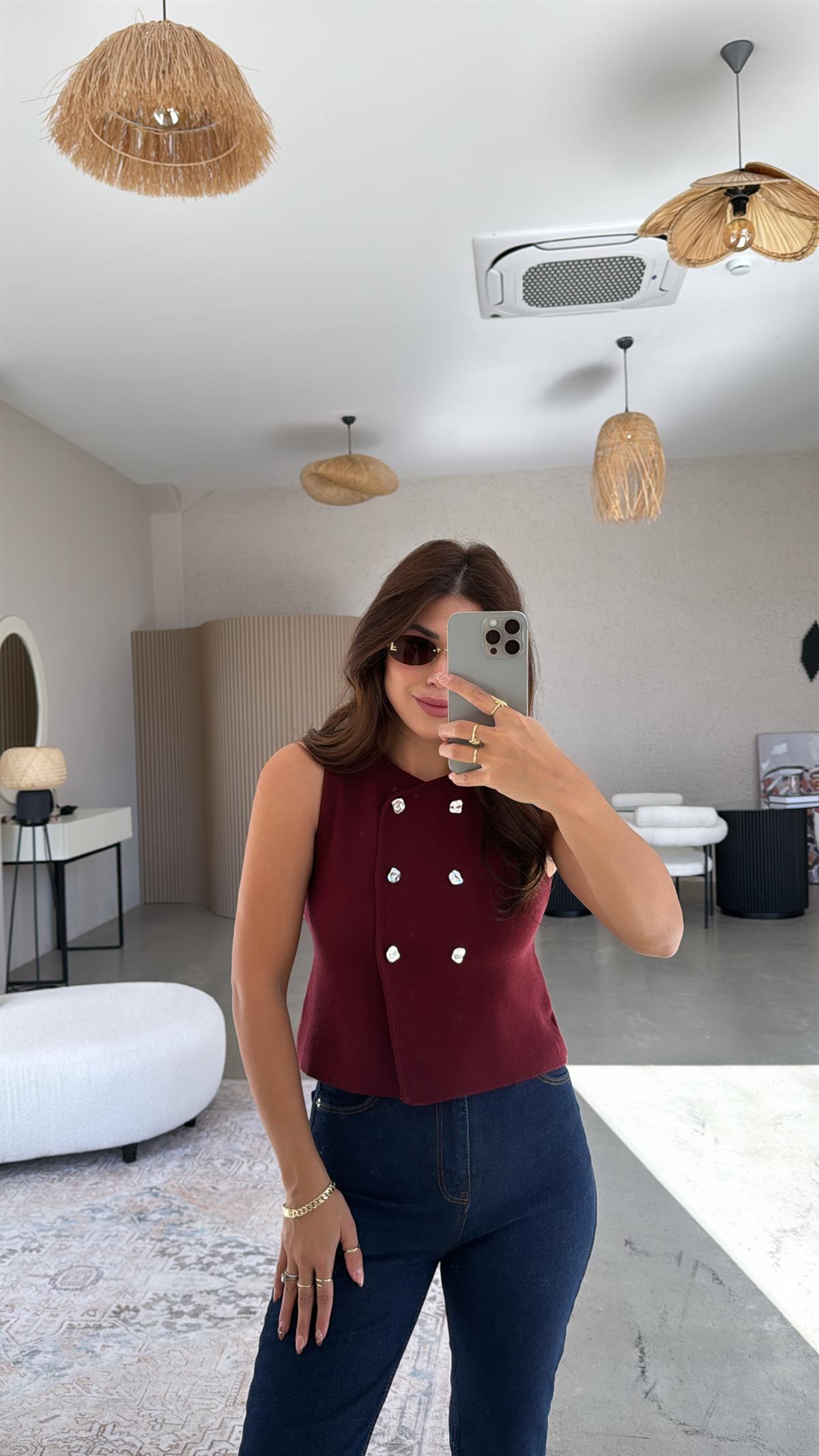 Bordo Çift Sıra Düğmeli Triko Yelek