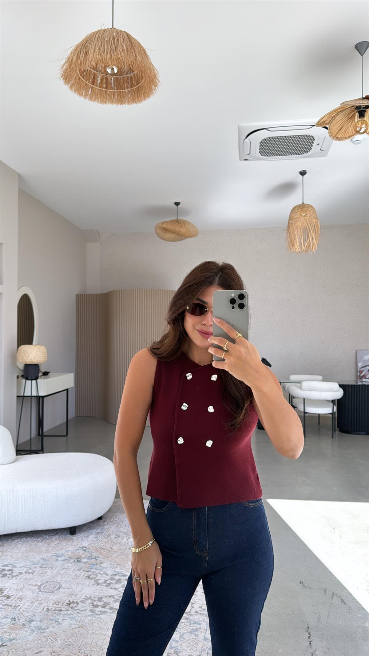 Bordo Çift Sıra Düğmeli Triko Yelek