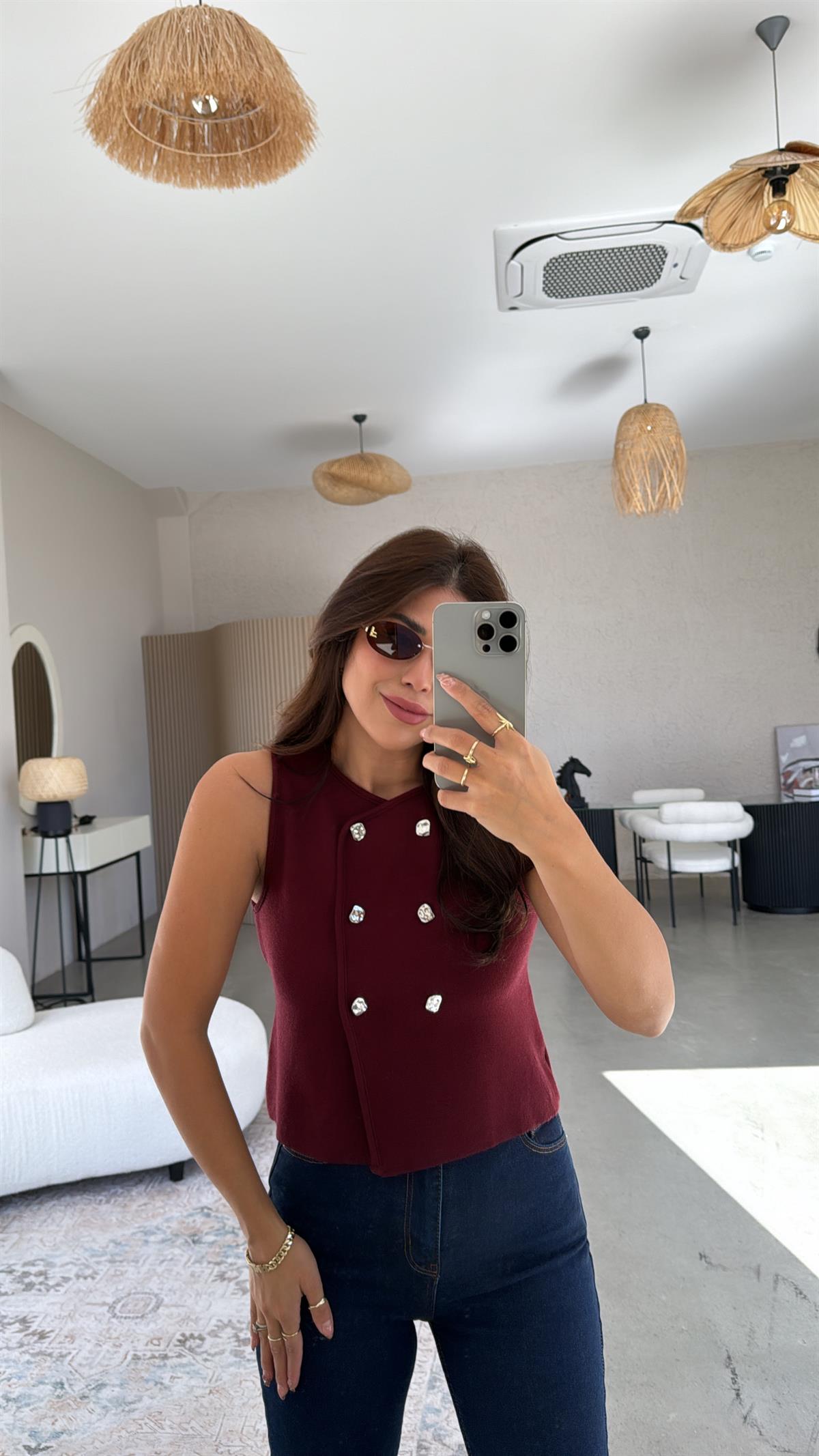 Bordo Çift Sıra Düğmeli Triko Yelek