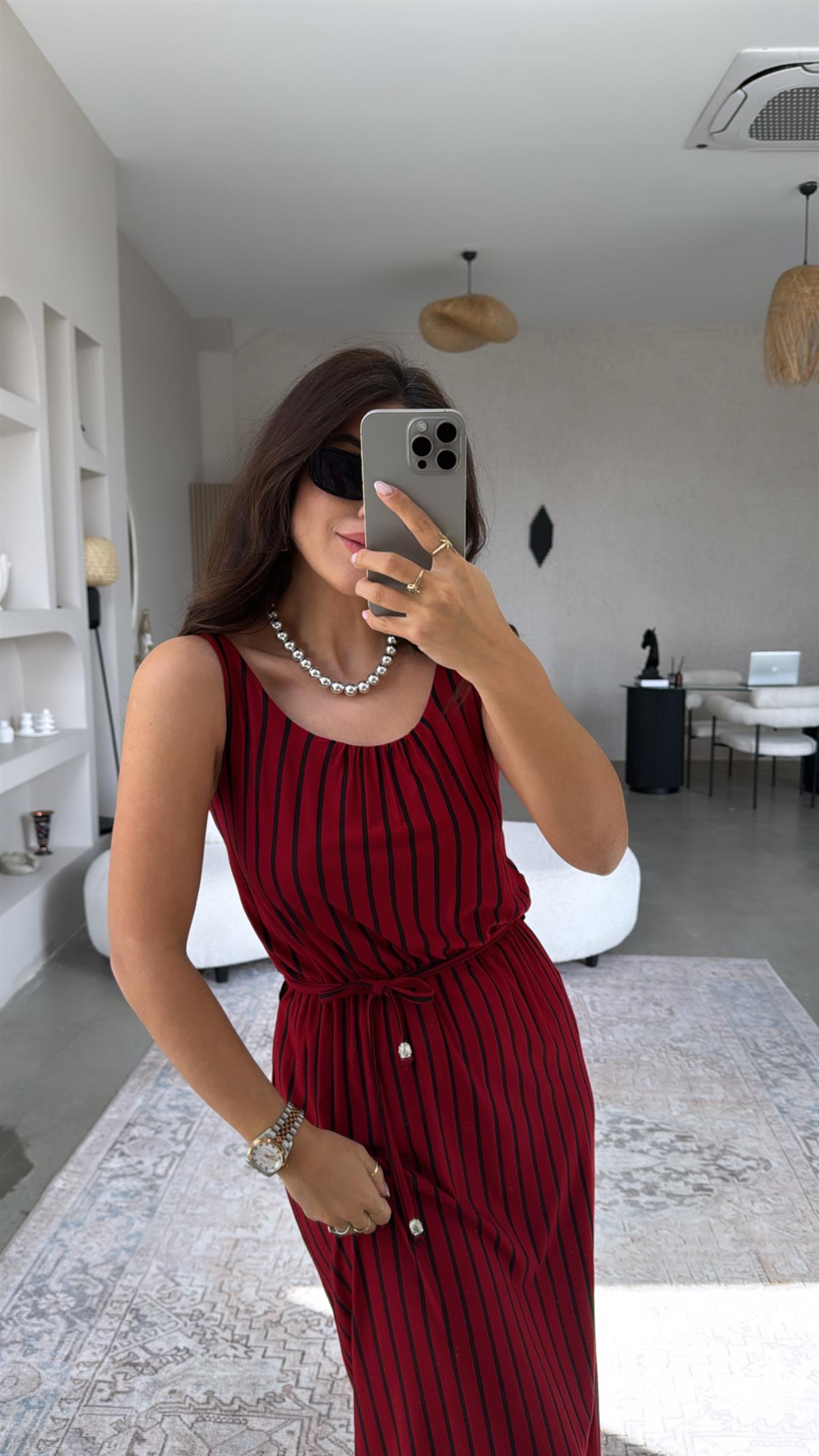 Bordo Çizgili Viskon Basic Elbise