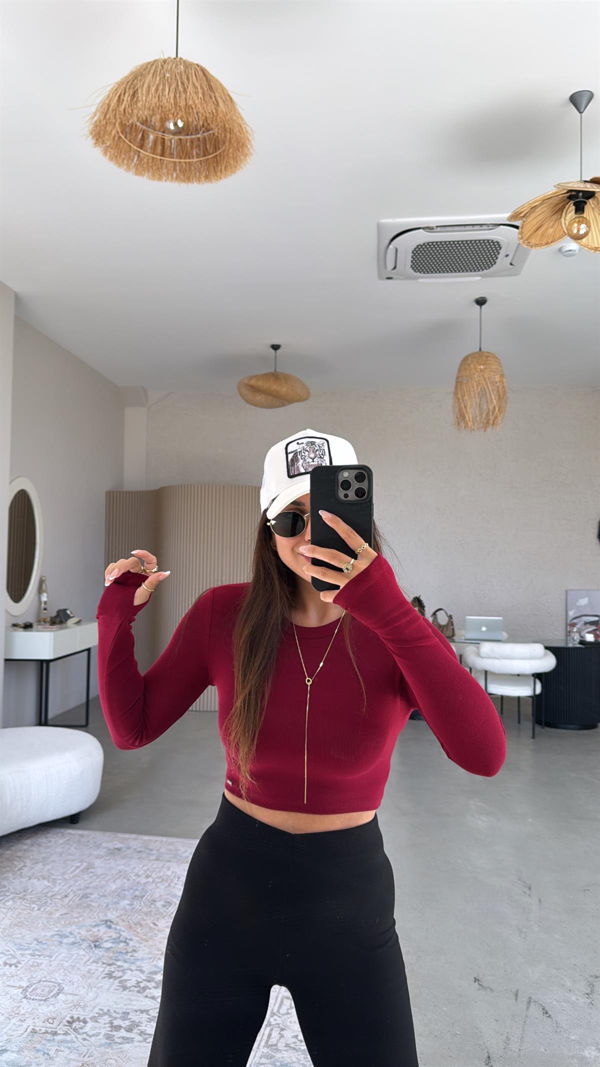 Bordo Crop Parmak Geçme Body