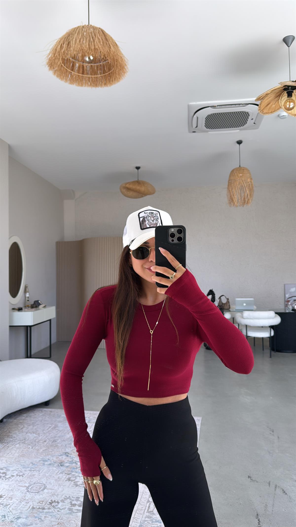 Bordo Crop Parmak Geçme Body
