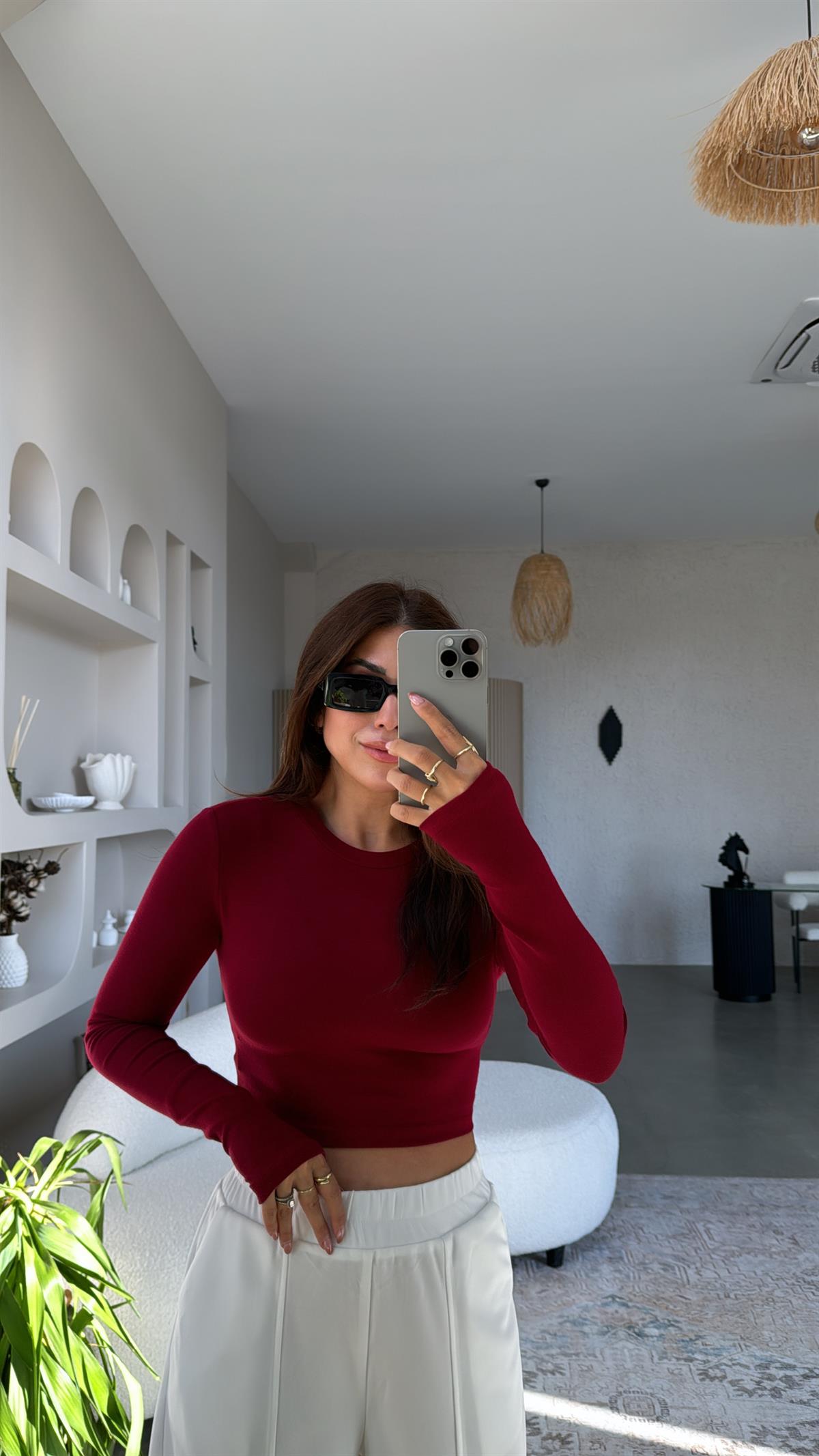 Bordo Crop Parmak Geçme İthal Body