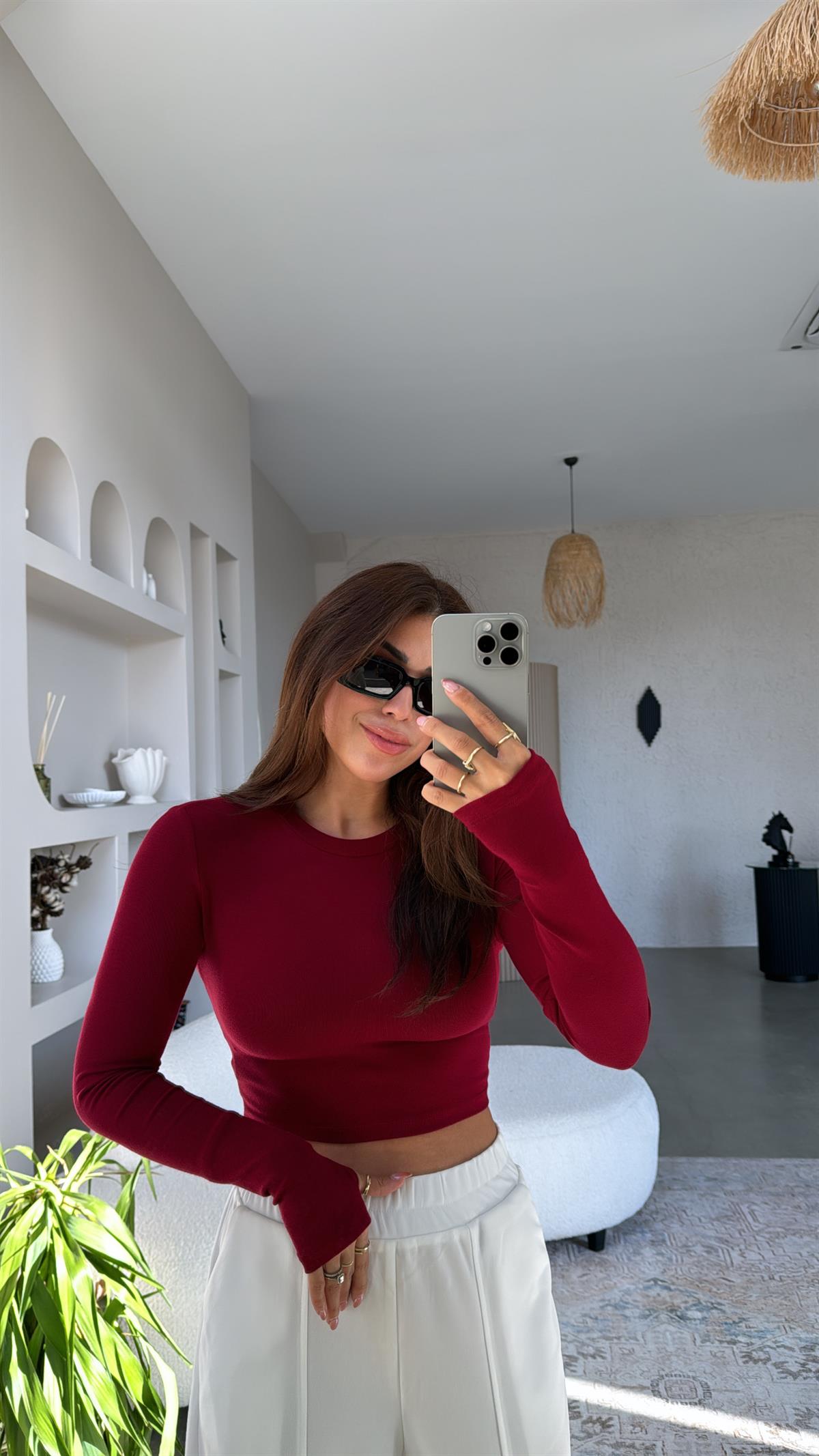 Bordo Crop Parmak Geçme İthal Body