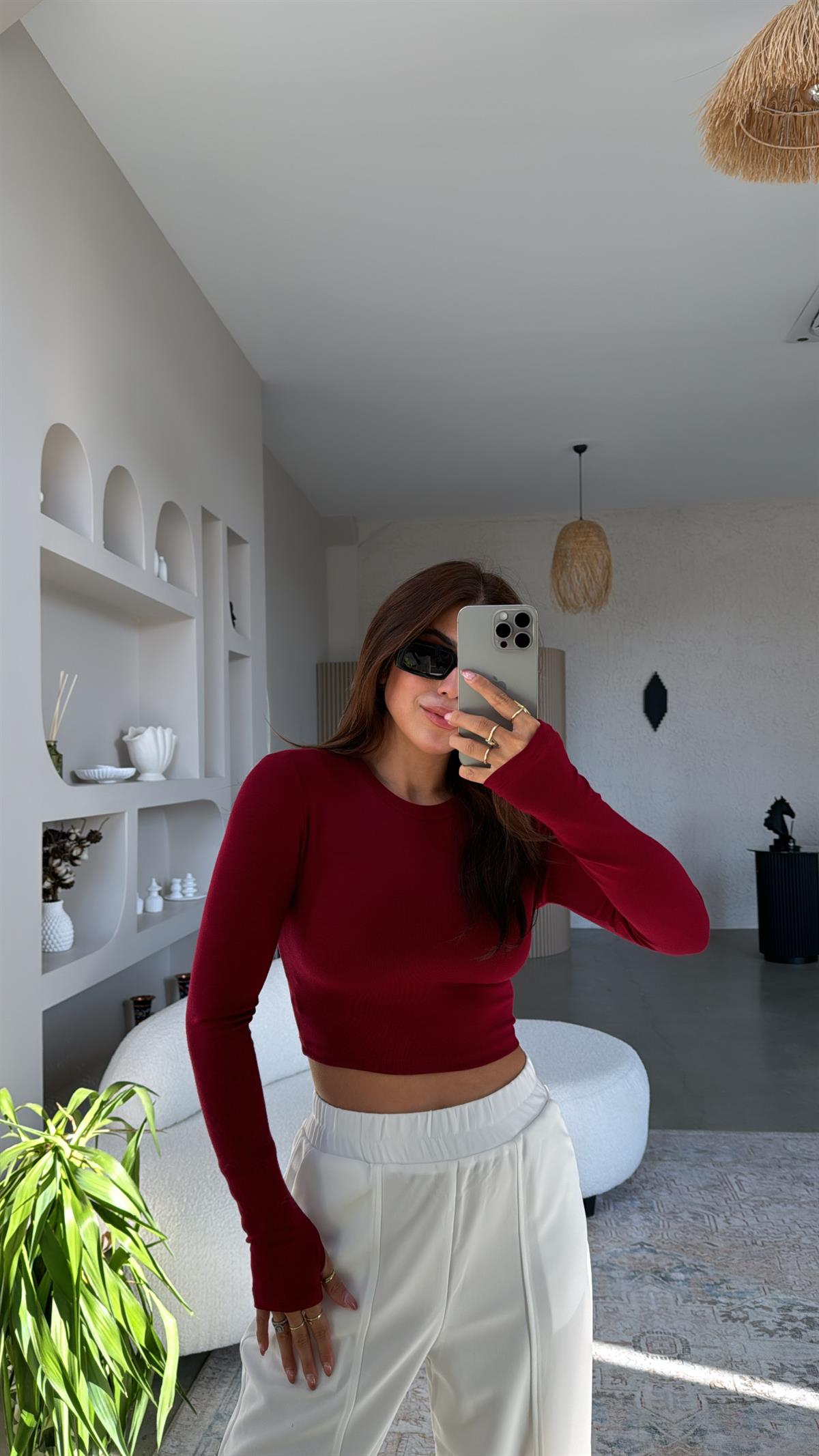 Bordo Crop Parmak Geçme İthal Body
