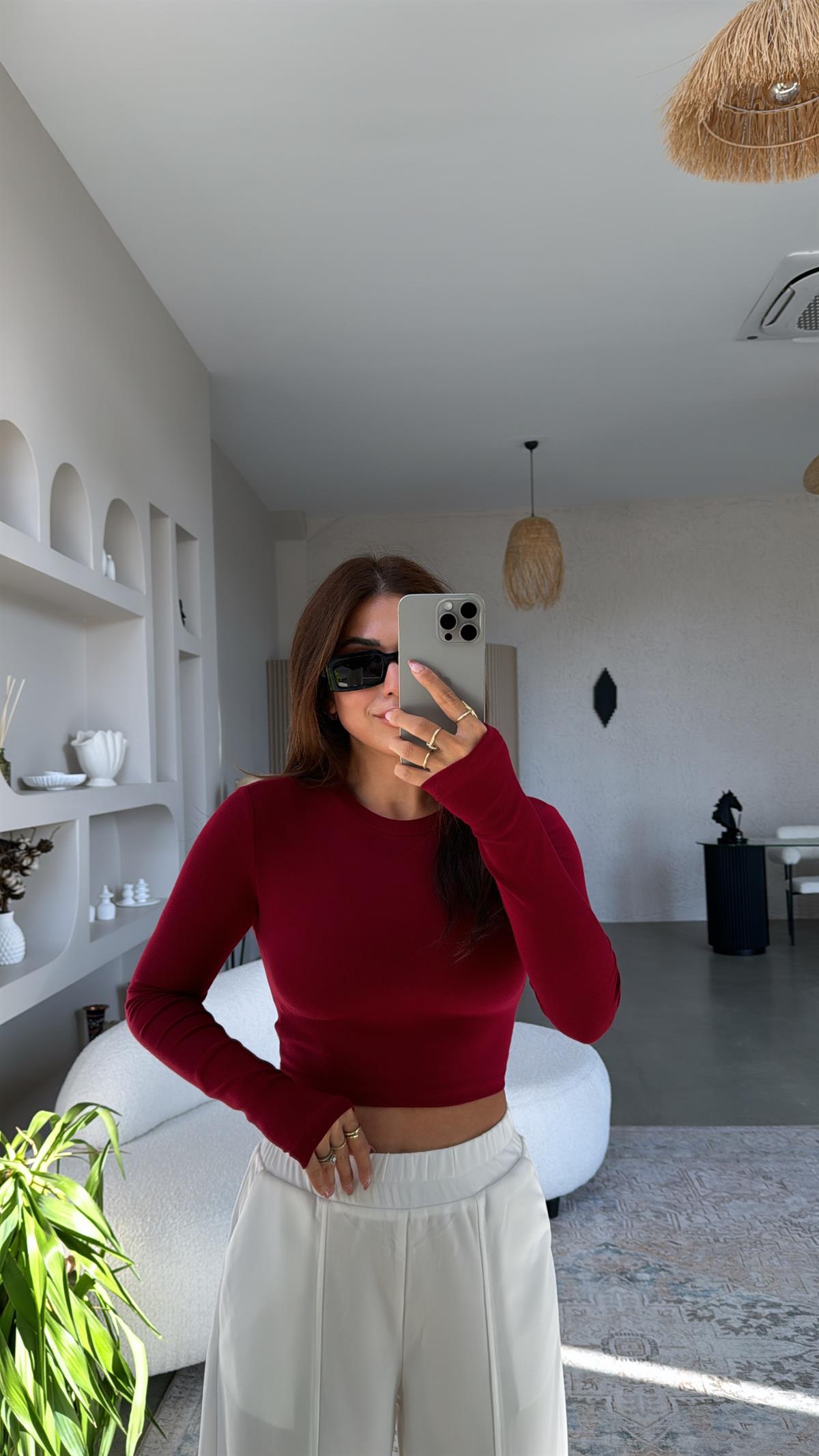 Bordo Crop Parmak Geçme İthal Body