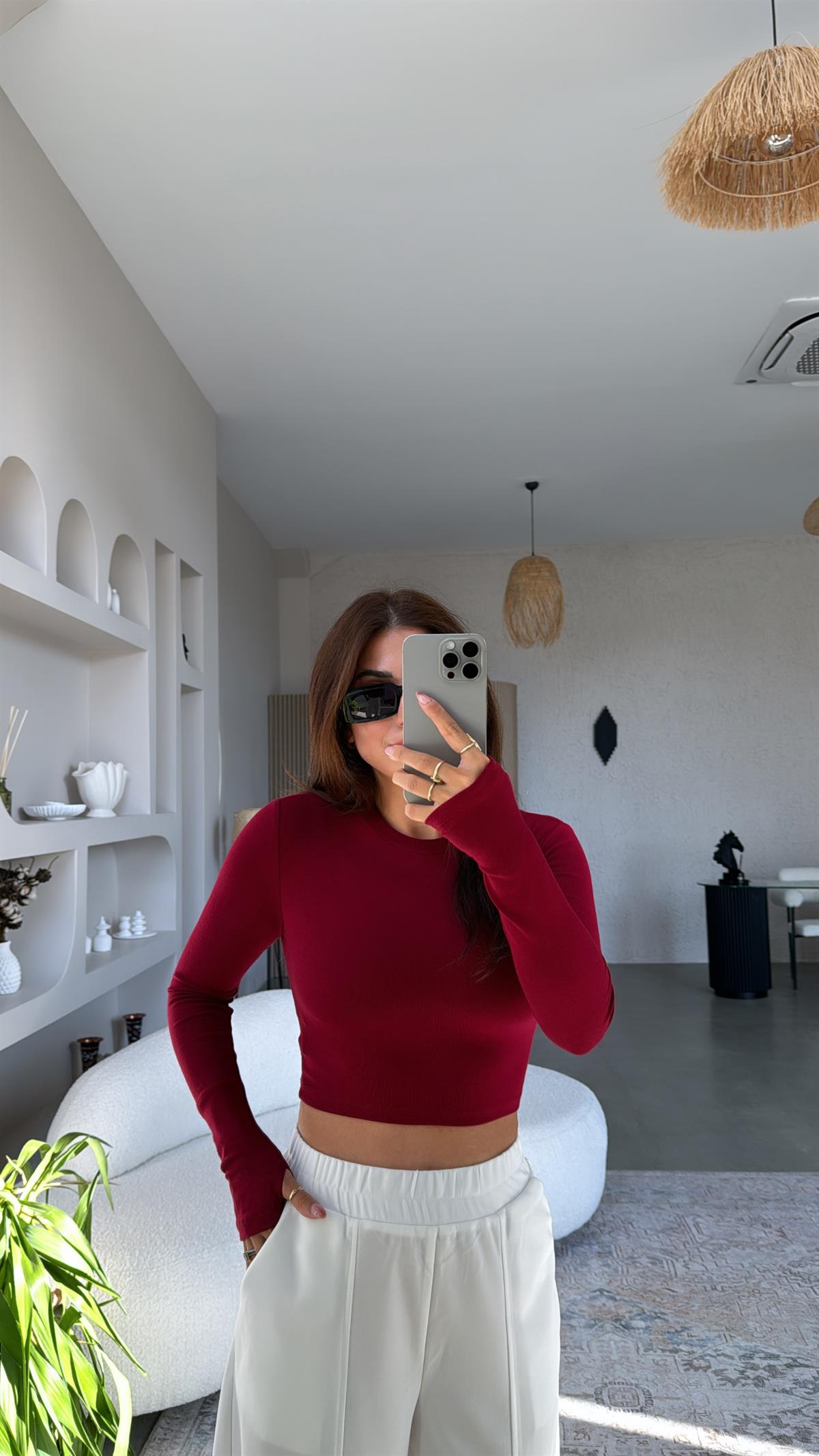 Bordo Crop Parmak Geçme İthal Body